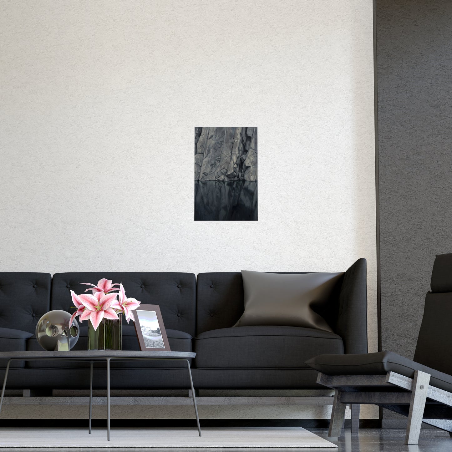 Still Water framed on a cream wall in a living room, 12x16 in print