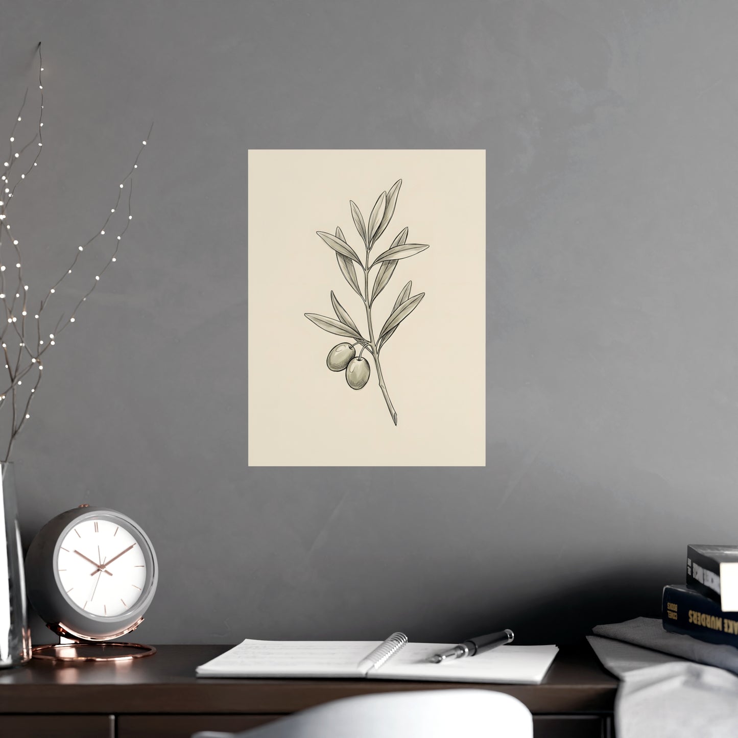 Olive Branch on a living room wall beside a tall vase, 12x16 in print