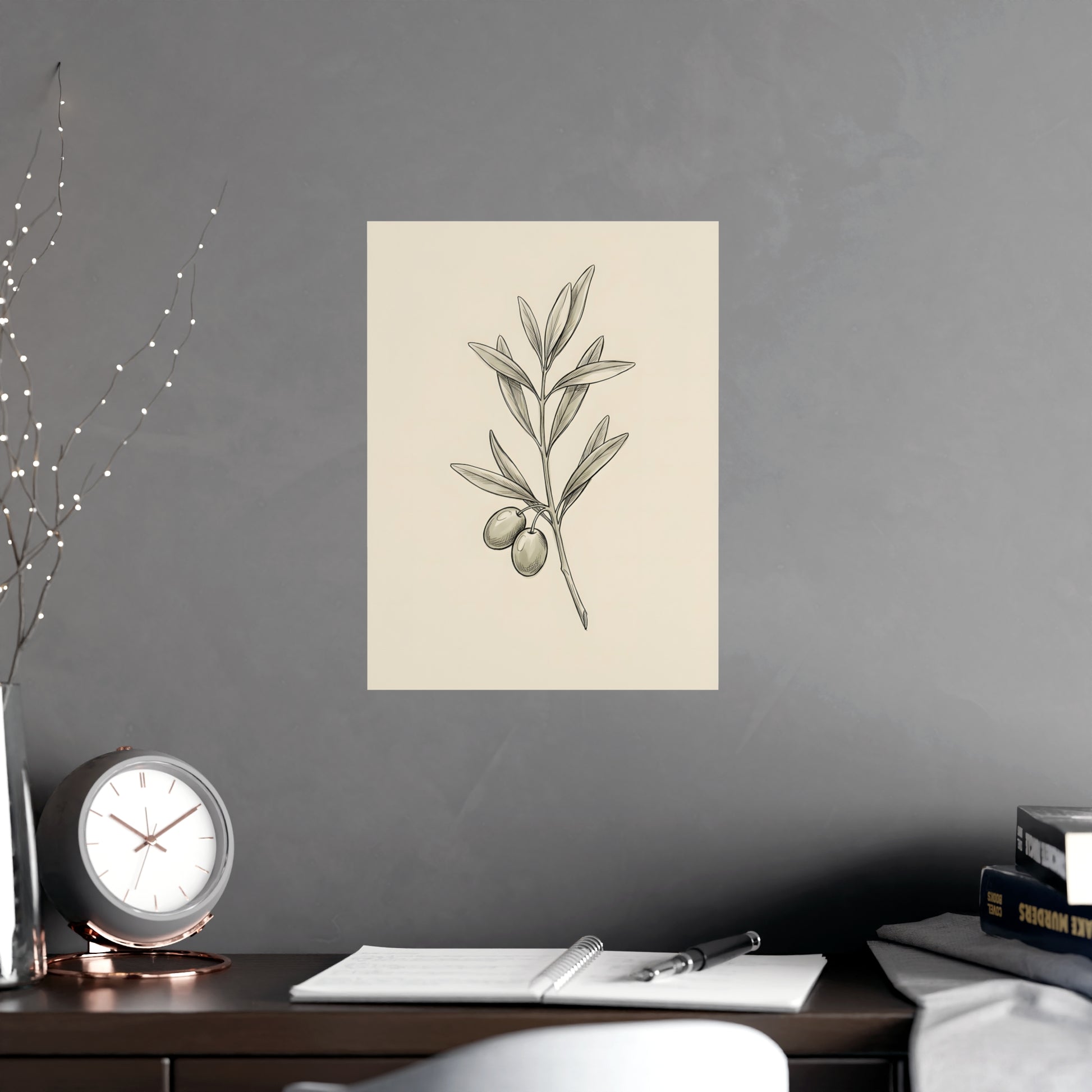 Olive Branch on a living room wall beside a tall vase, 12x16 in print