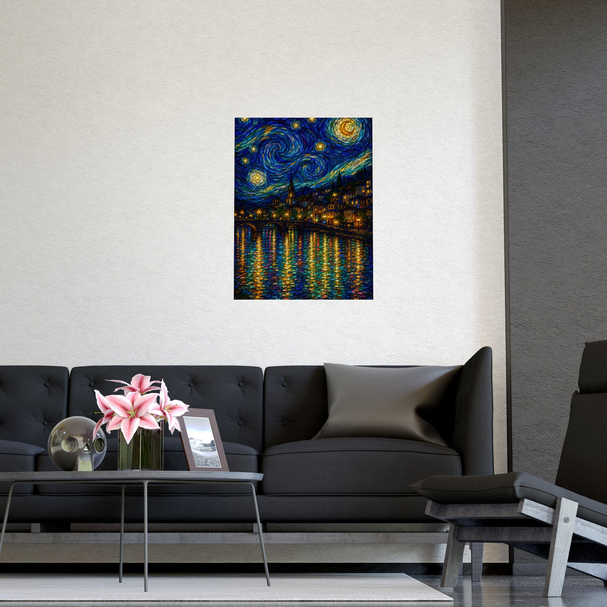 River Town at Night — river town at night, shown framed on a wall