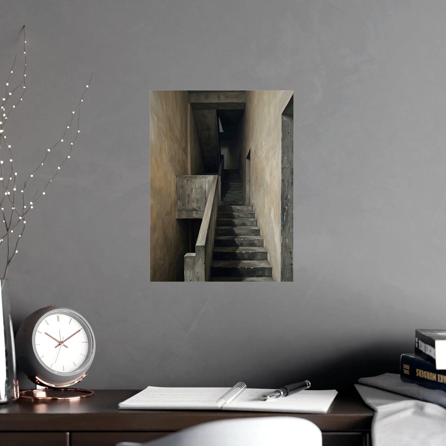 Concrete Stairwell hung above a desk with a clock and notebook, 12x18 in print