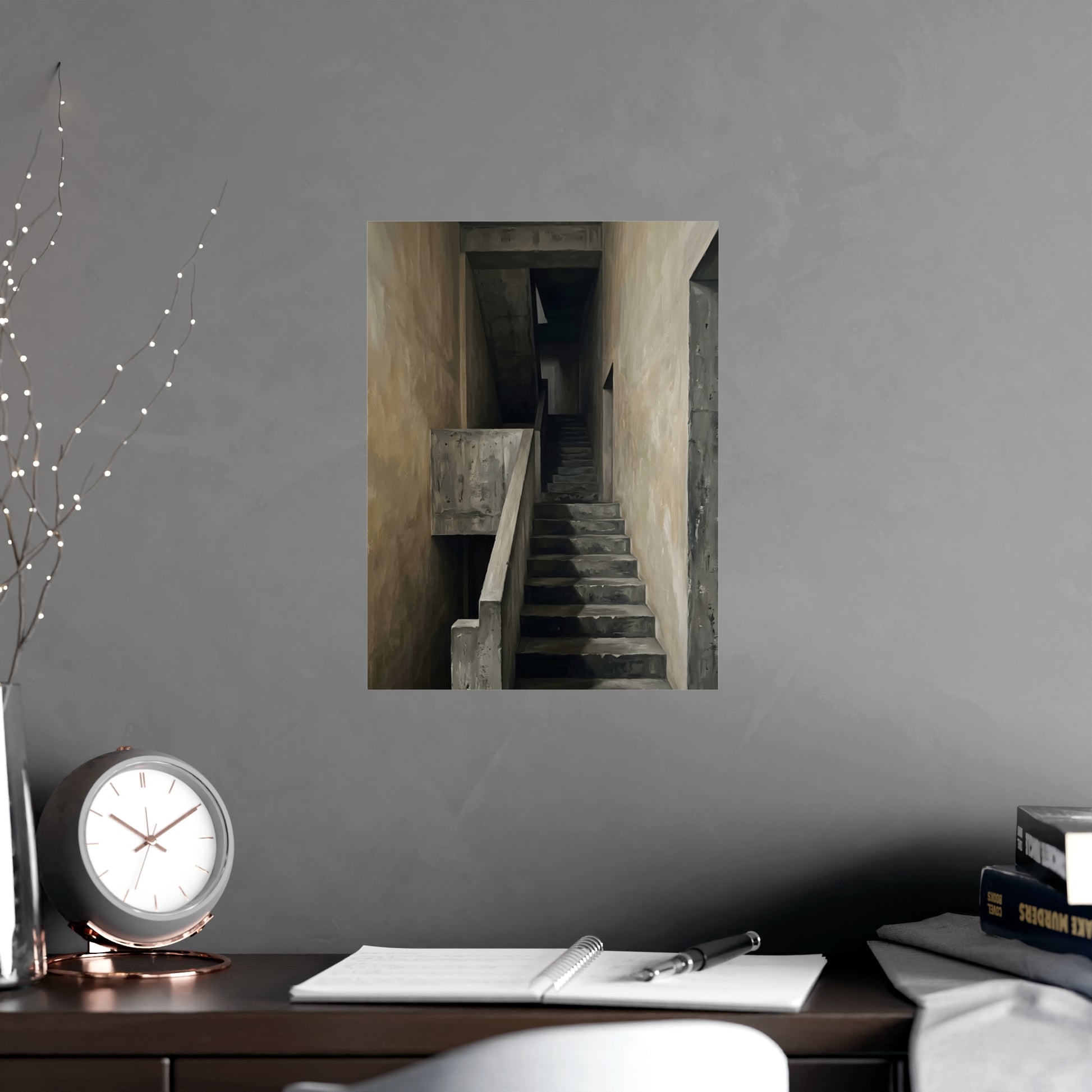 Concrete Stairwell hung above a desk with a clock and notebook, 12x18 in print