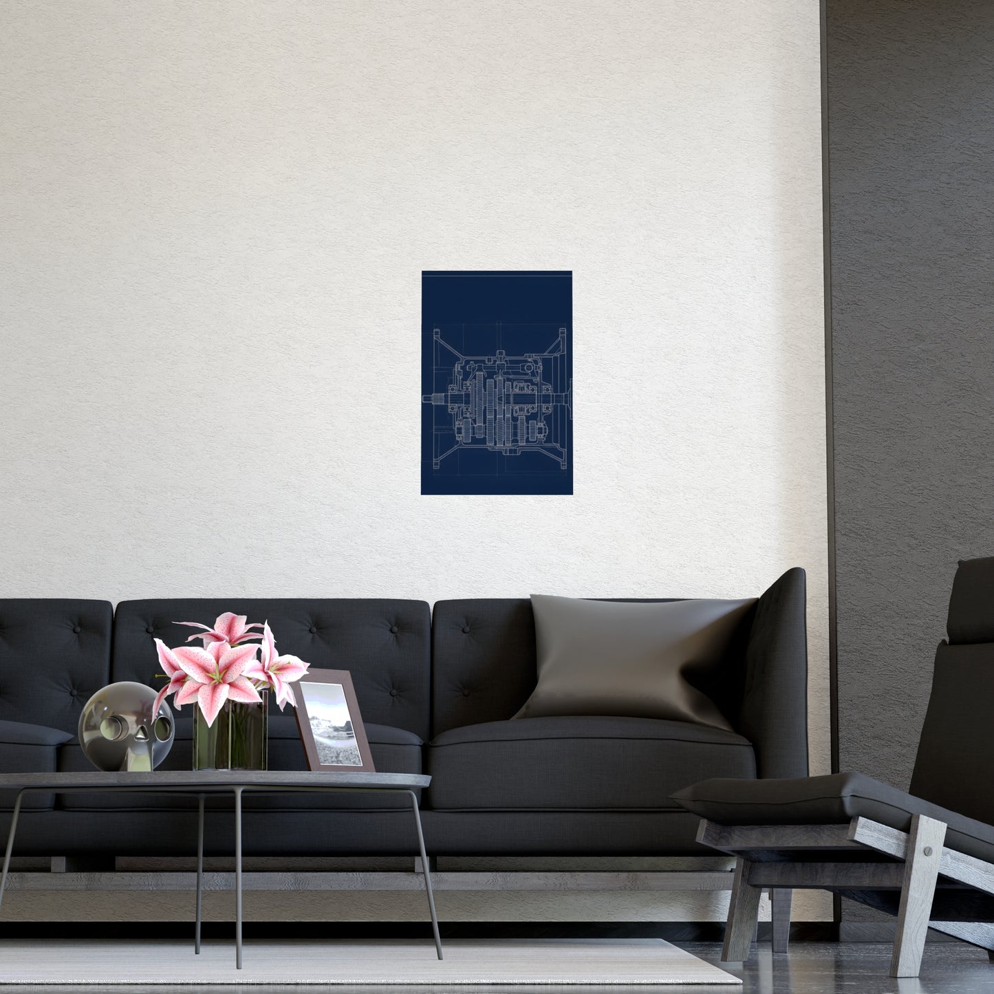 Gearbox, in Cutaway on a living room wall beside a tall vase, 16x24 in print