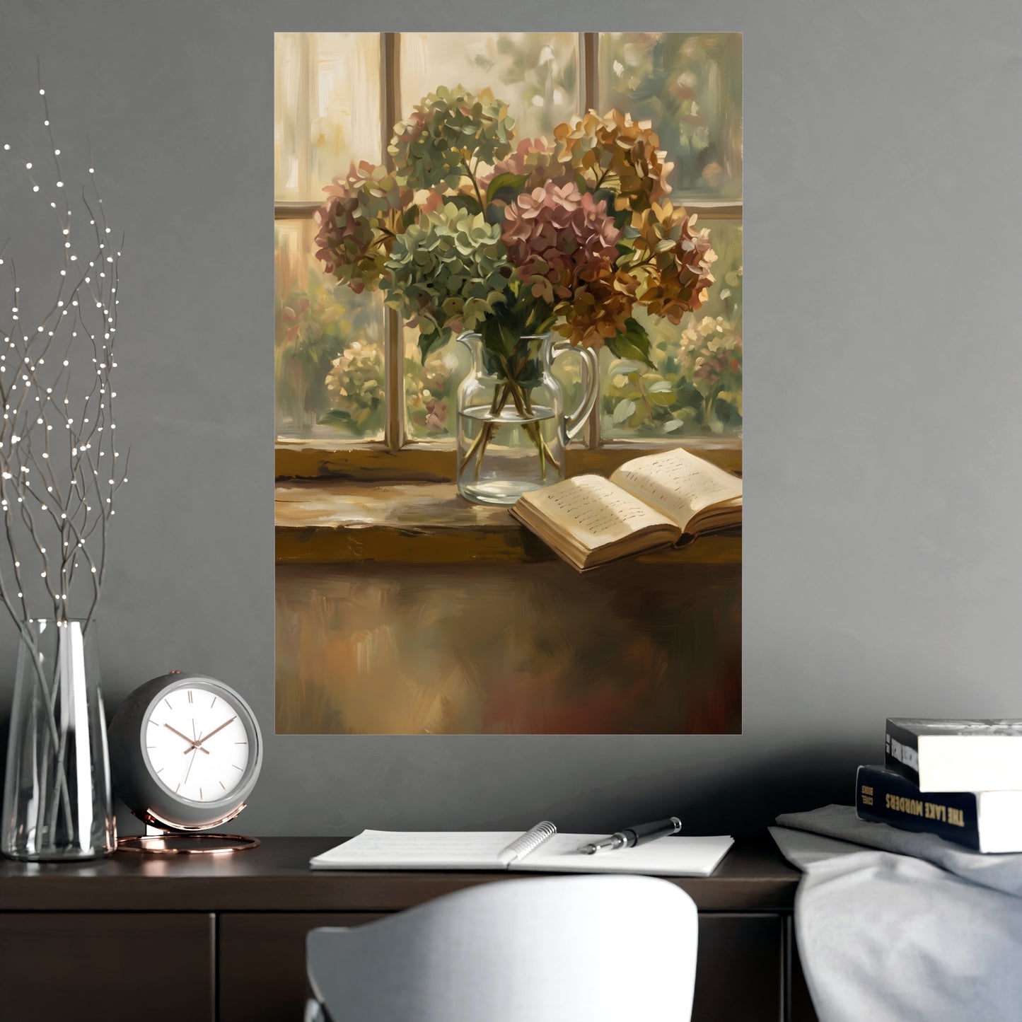 Hydrangeas and a Book hung above a sofa with a side table and lilies, 20x30 in print