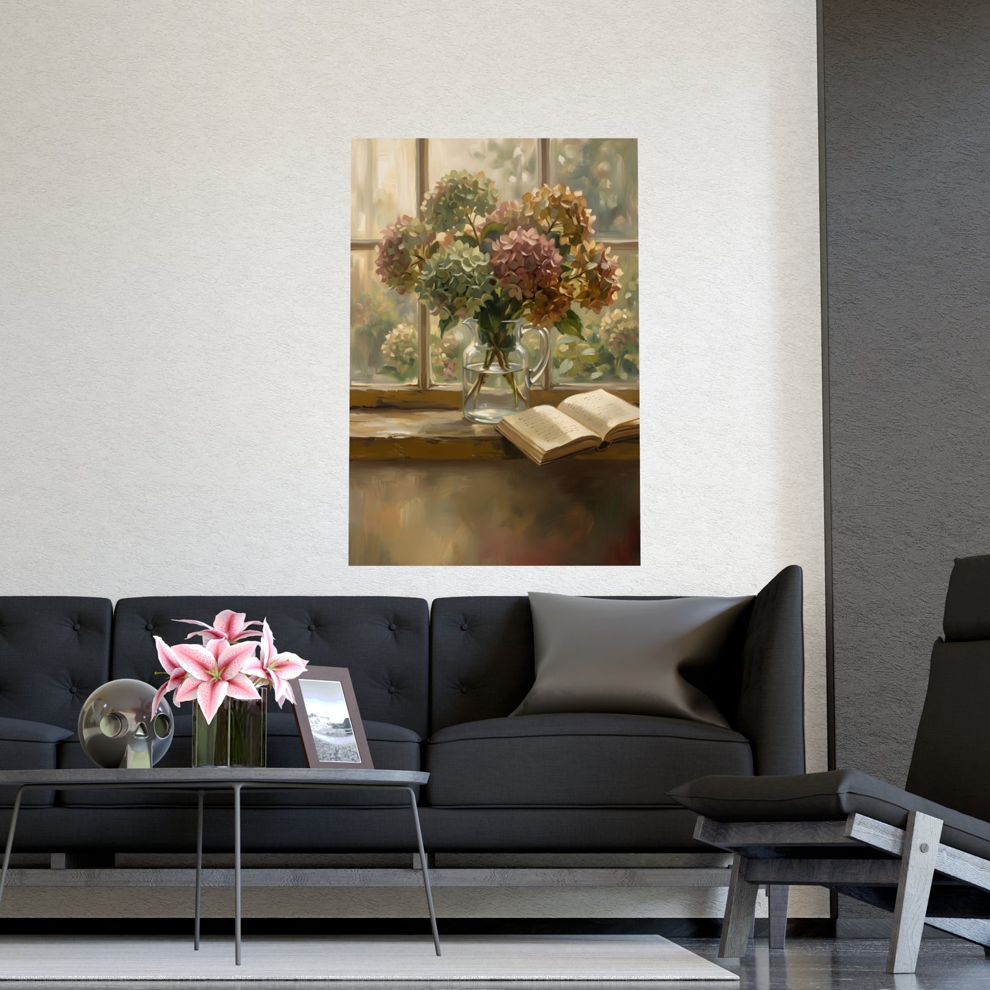 Hydrangeas and a Book on a living room wall beside a tall vase, 18x24 in print