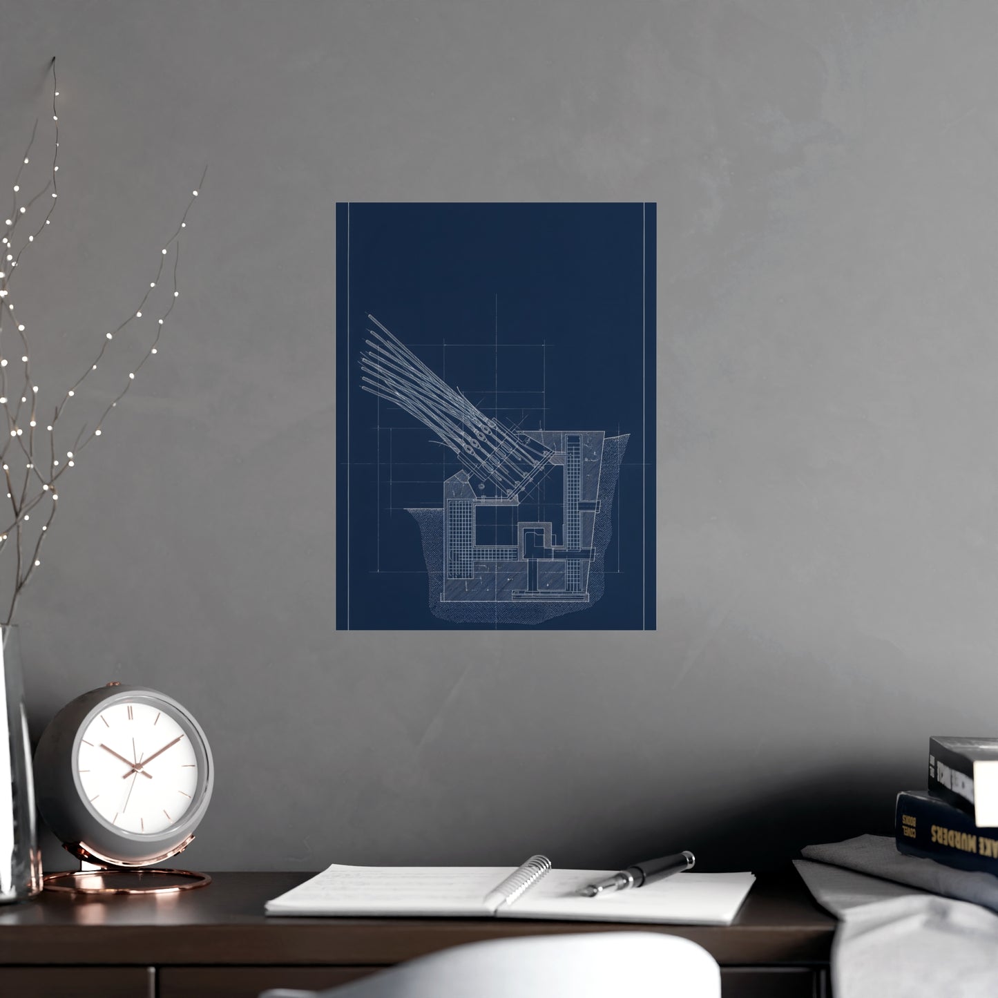 Cable Anchorage hung on a grey wall above a dark sofa, 12x18 in print