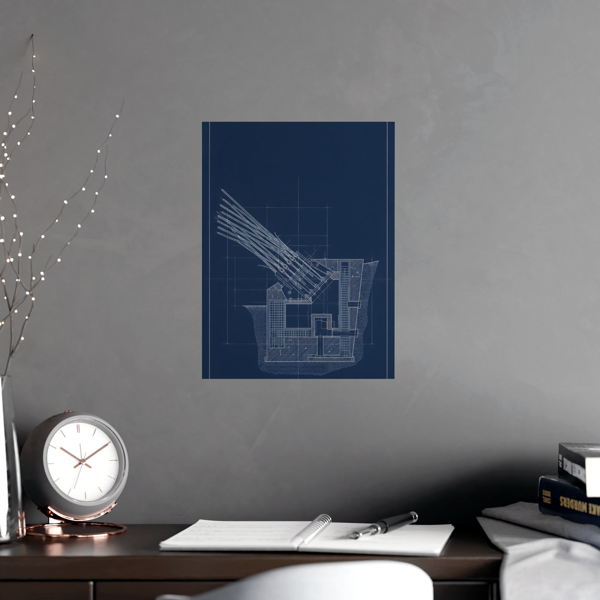 Cable Anchorage hung on a grey wall above a dark sofa, 12x18 in print