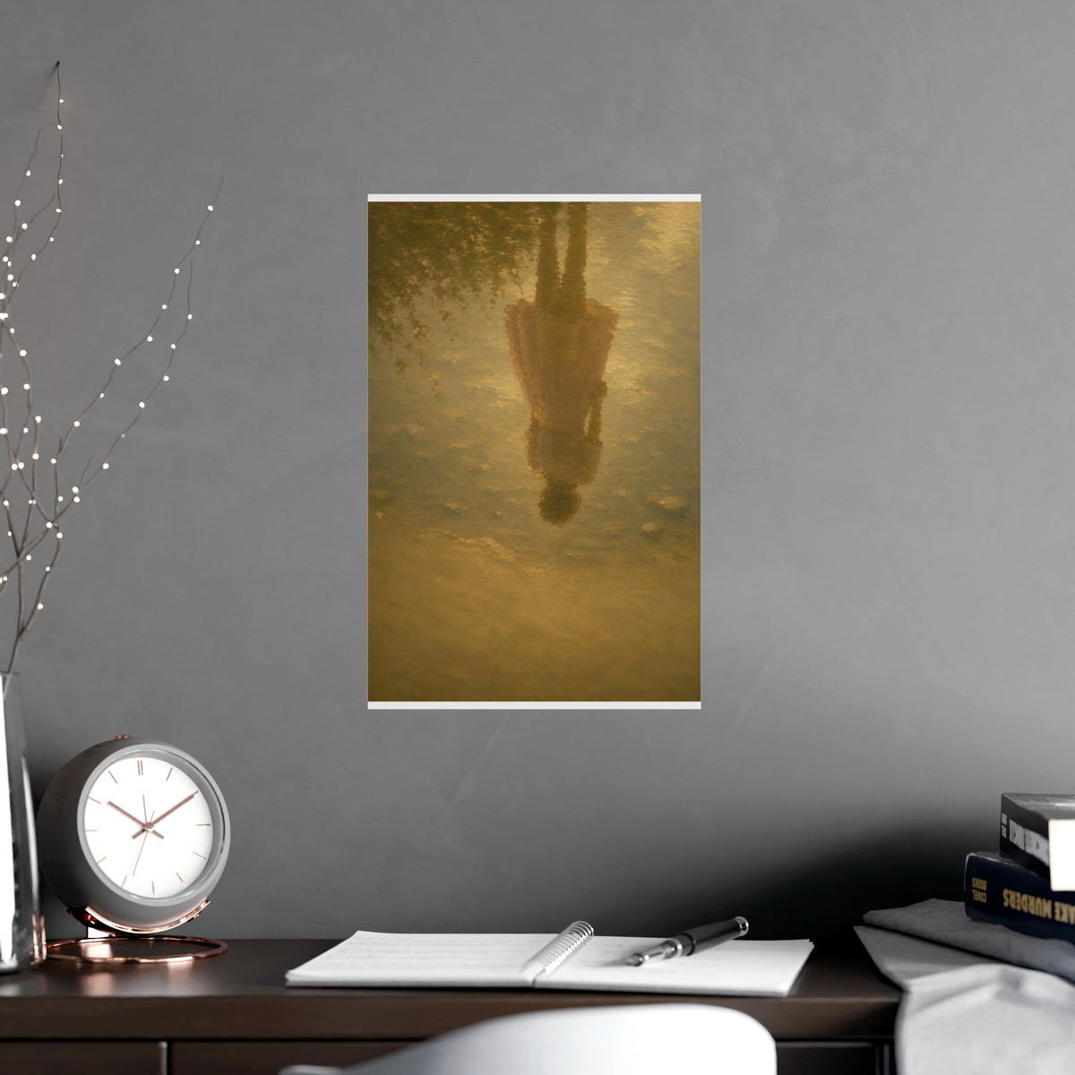 Reflected in the Shallows — only a woman's reflection in still shallow water, the figure herself out of frame, shown framed o