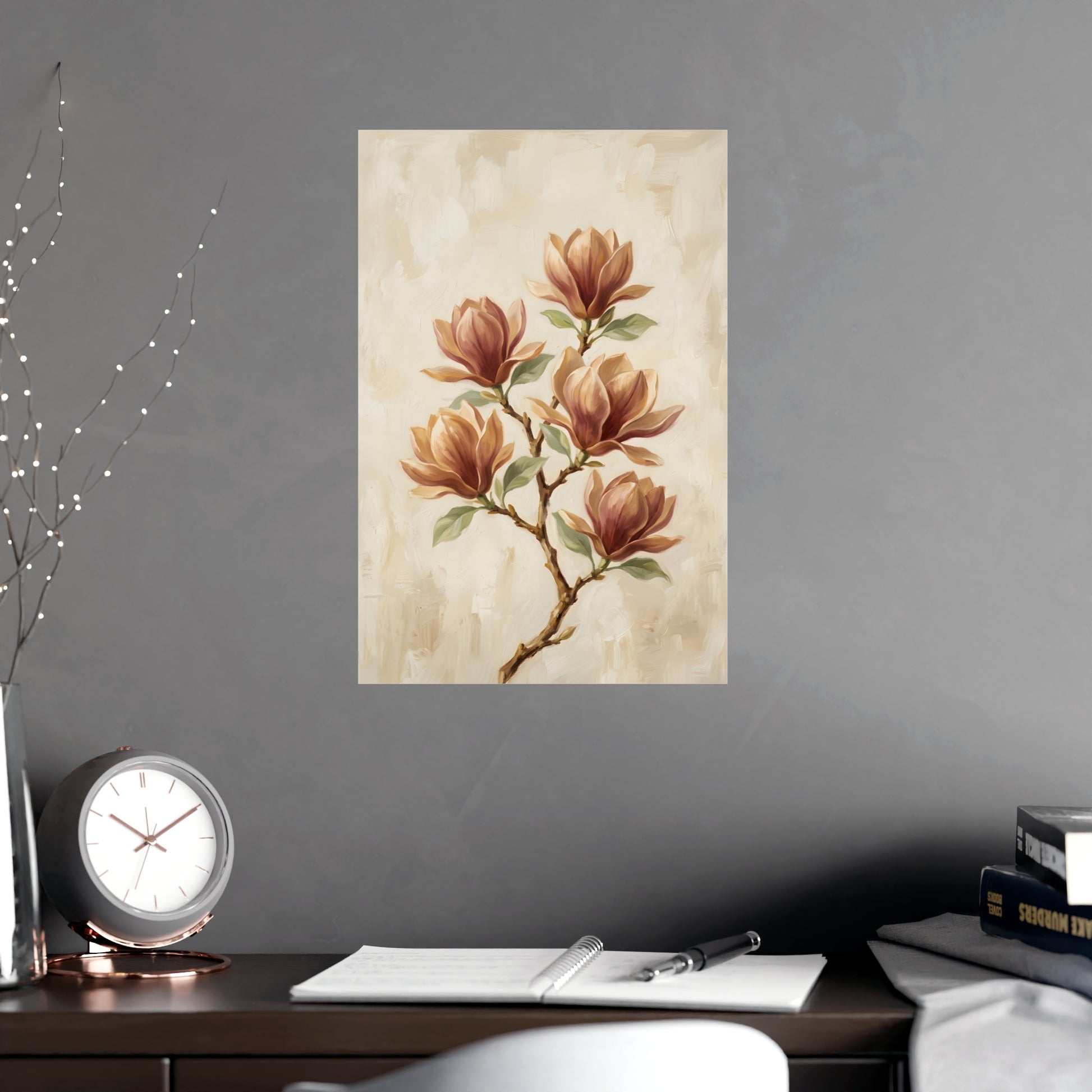 Gemini 05 hung above a sofa with a side table and lilies, 12x18 in print
