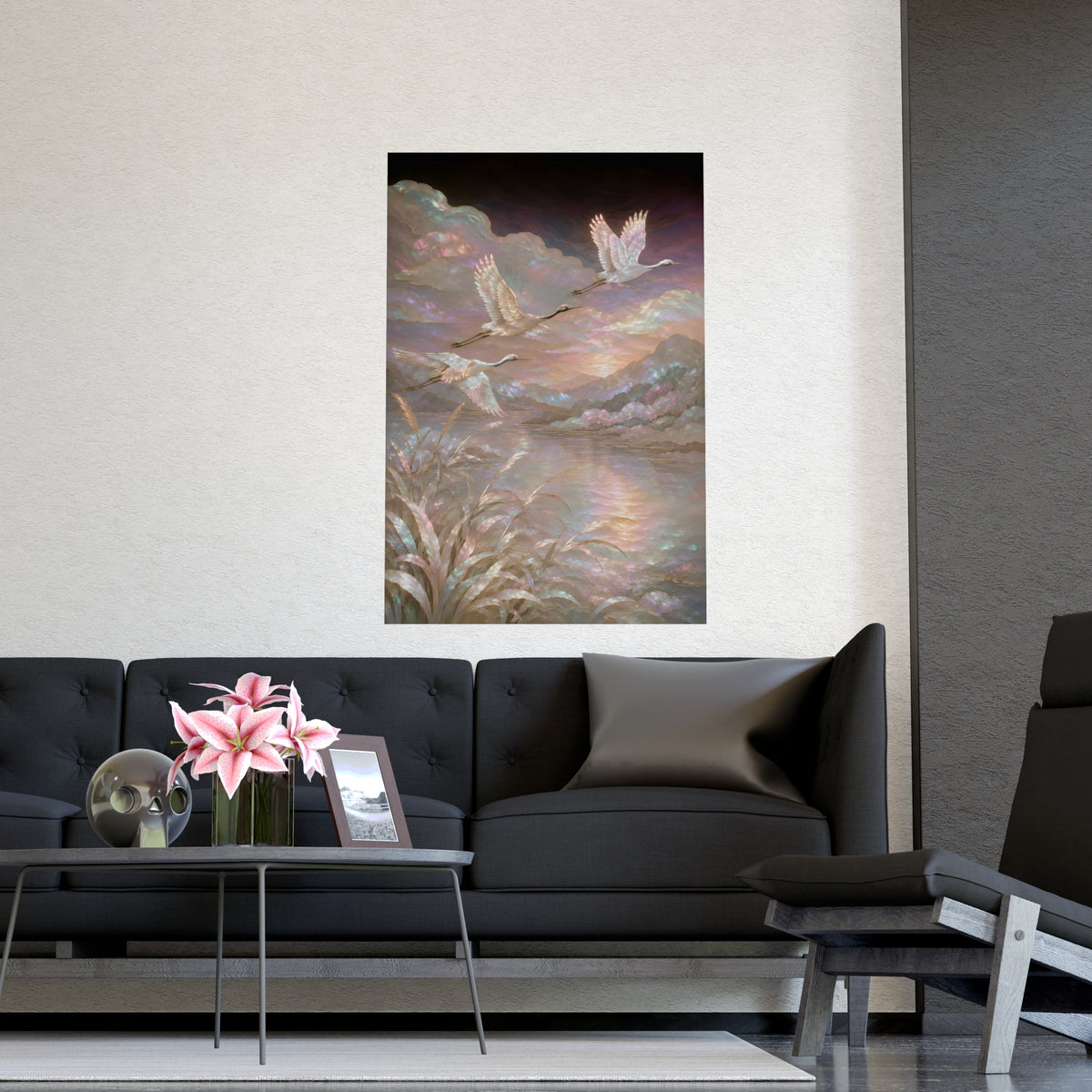 Cranes over Water — cranes over water, shown framed on a wall