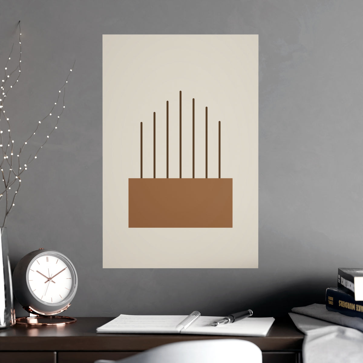 Warm Earth Lines Boho Wall Art — lines in a warm earth palette, shown framed on a wall