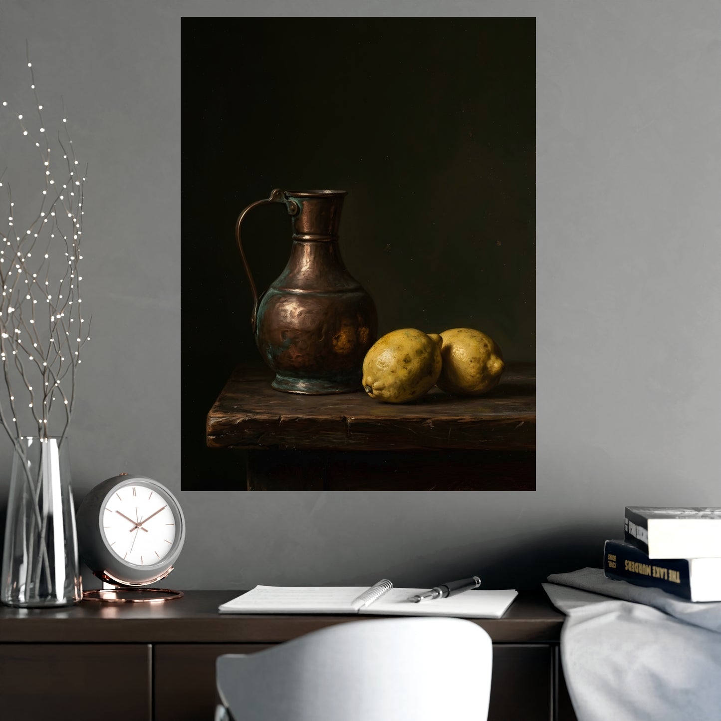 Copper and Lemons hung on a grey wall above a dark sofa, 18x24 in print