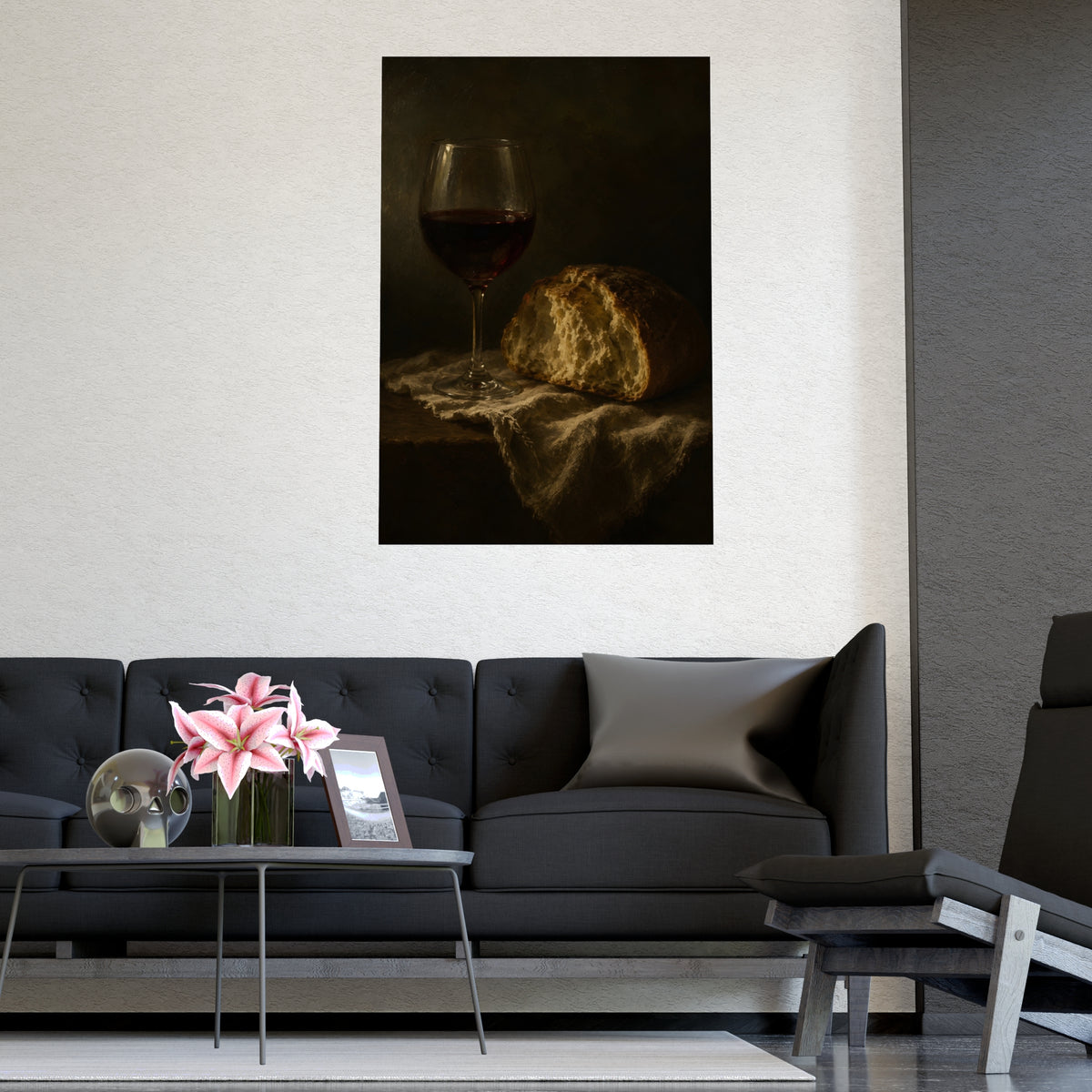 Wine and Bread — wine and bread, shown framed on a wall