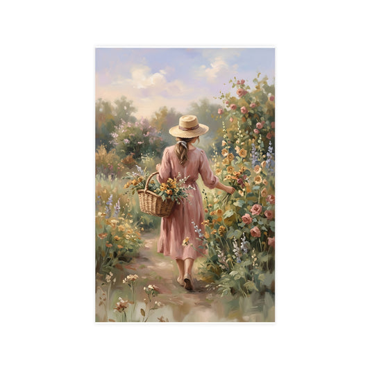 Gathering Flowers — a woman in a straw hat gathering flowers into a wicker basket, 11x17 in print