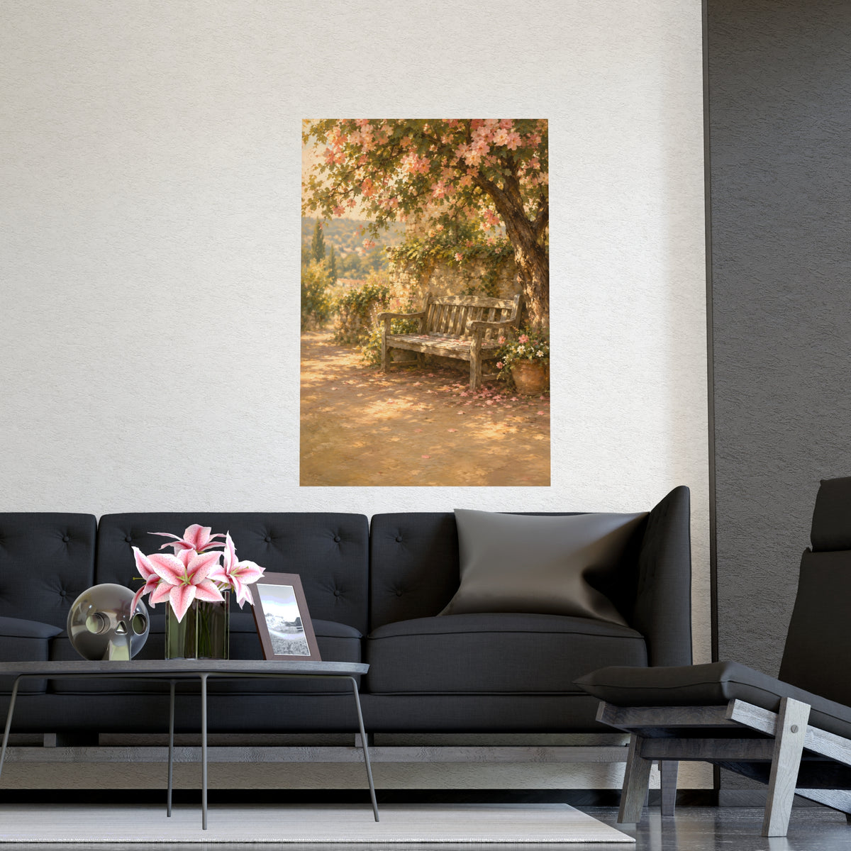 Bench Under Blossom — a weathered wooden bench under a flowering tree in a quiet garden, shown framed on a wall