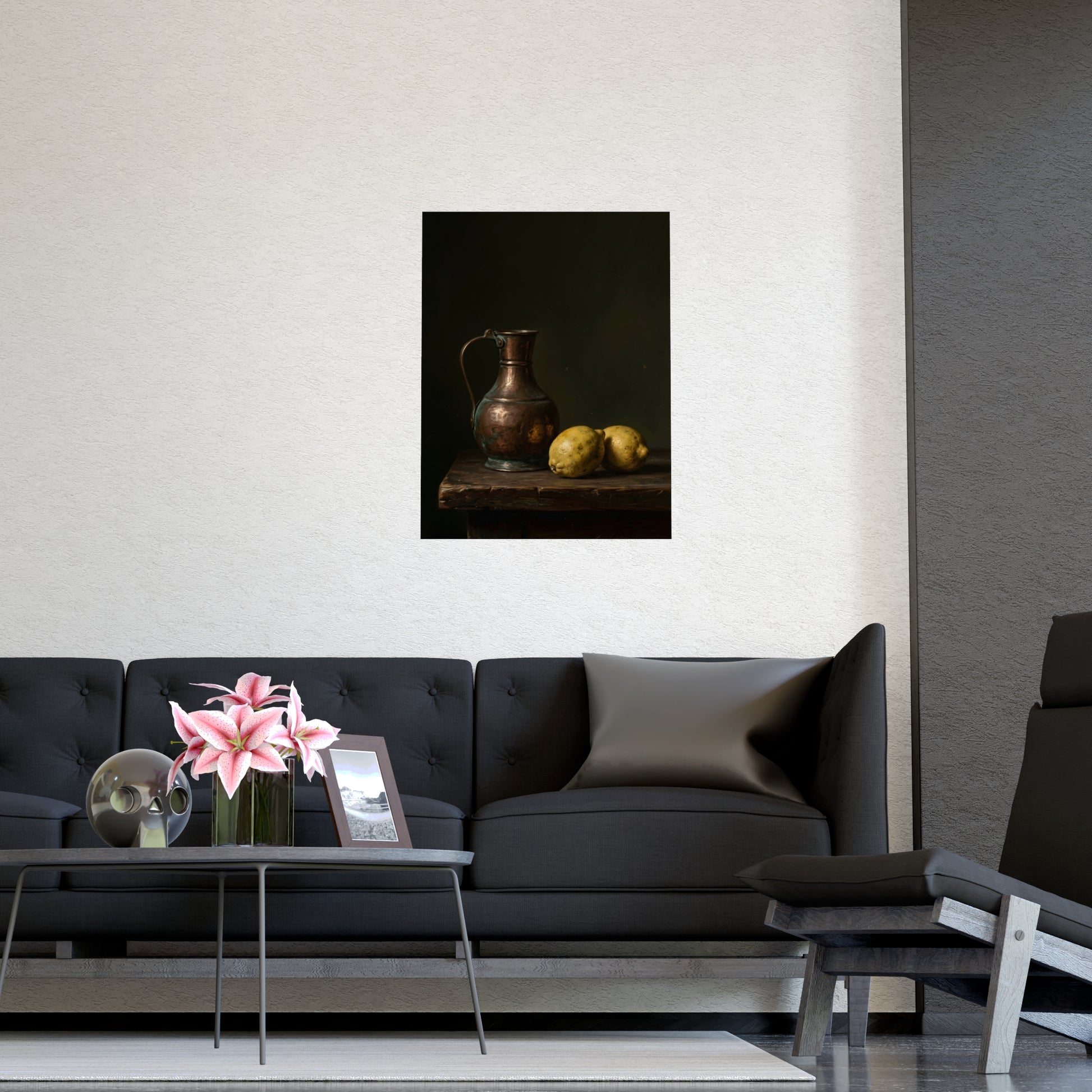 Copper and Lemons framed on a cream wall in a living room, 20x30 in print