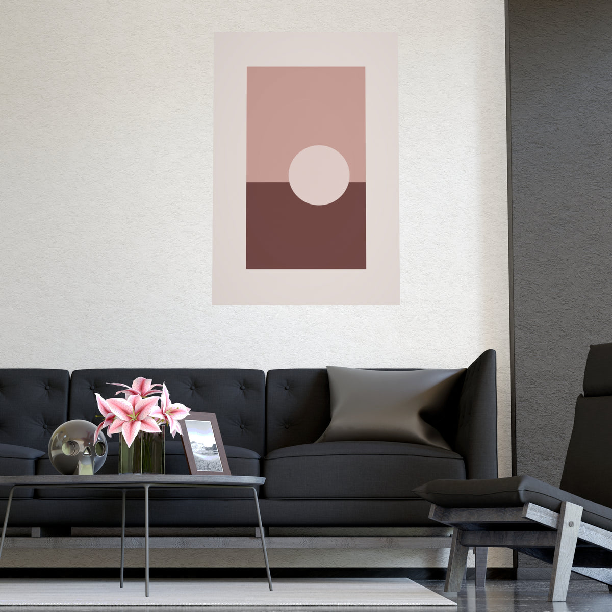 Dusty Rose Sun Landscape Wall Art — sun landscape in a dusty rose palette, shown framed on a wall