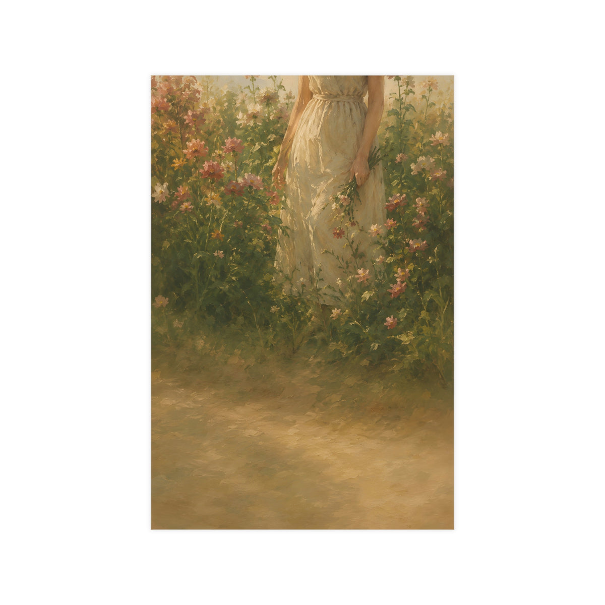 In the Tall Flowers — a woman in a linen dress standing among tall summer flowers, the top of the frame cutting her off at th