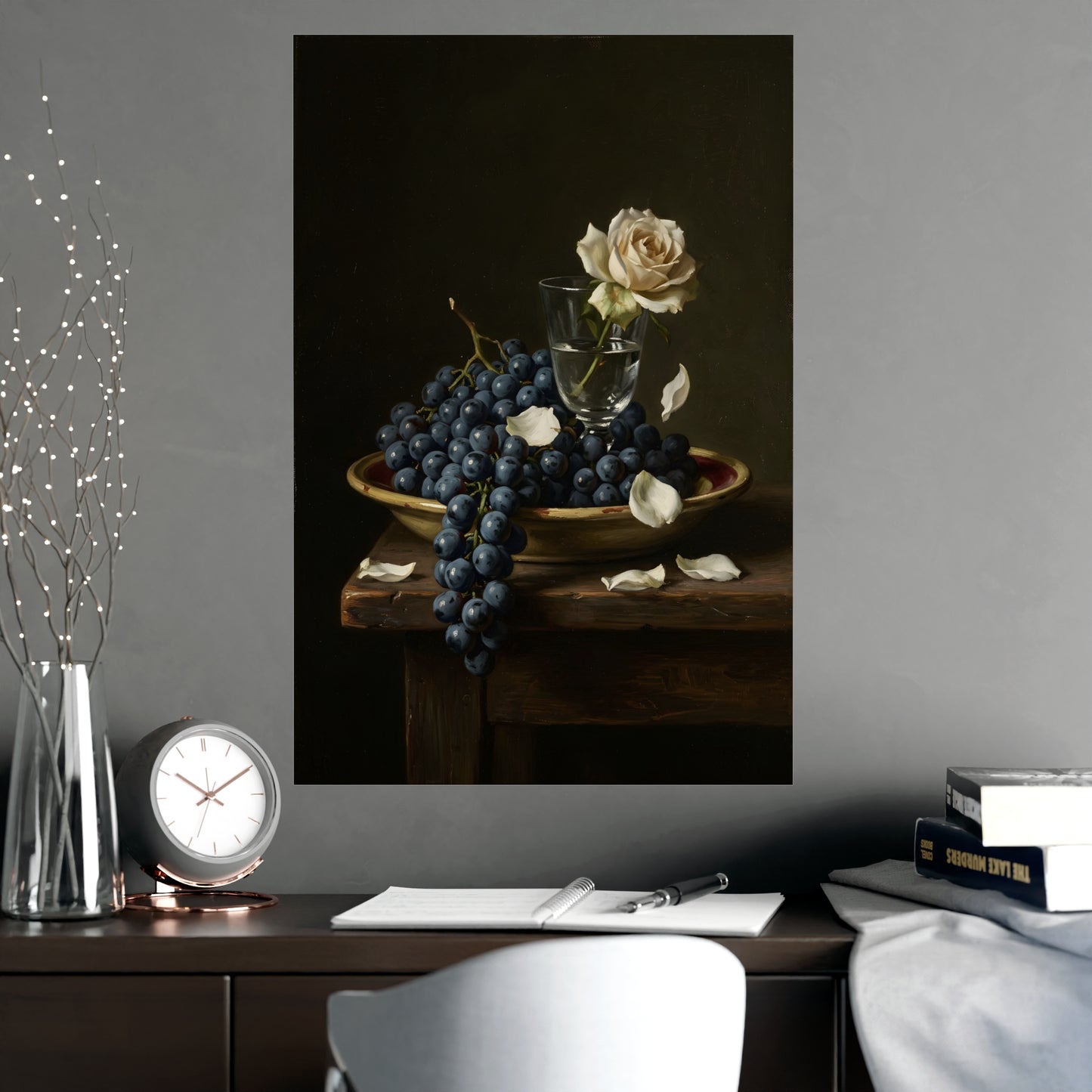 Grapes and a White Rose | Dark Still Life Print | Wall Art