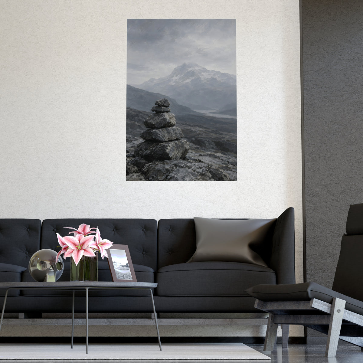 Cairn and Mountain — cairn and mountain, shown framed on a wall