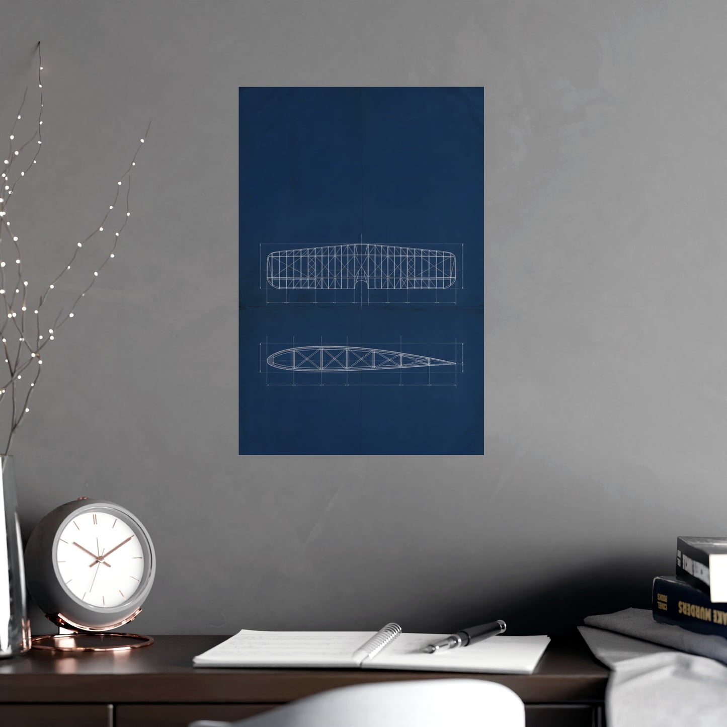 Aeroplane Wing hung above a desk with a clock and notebook, 12x18 in print