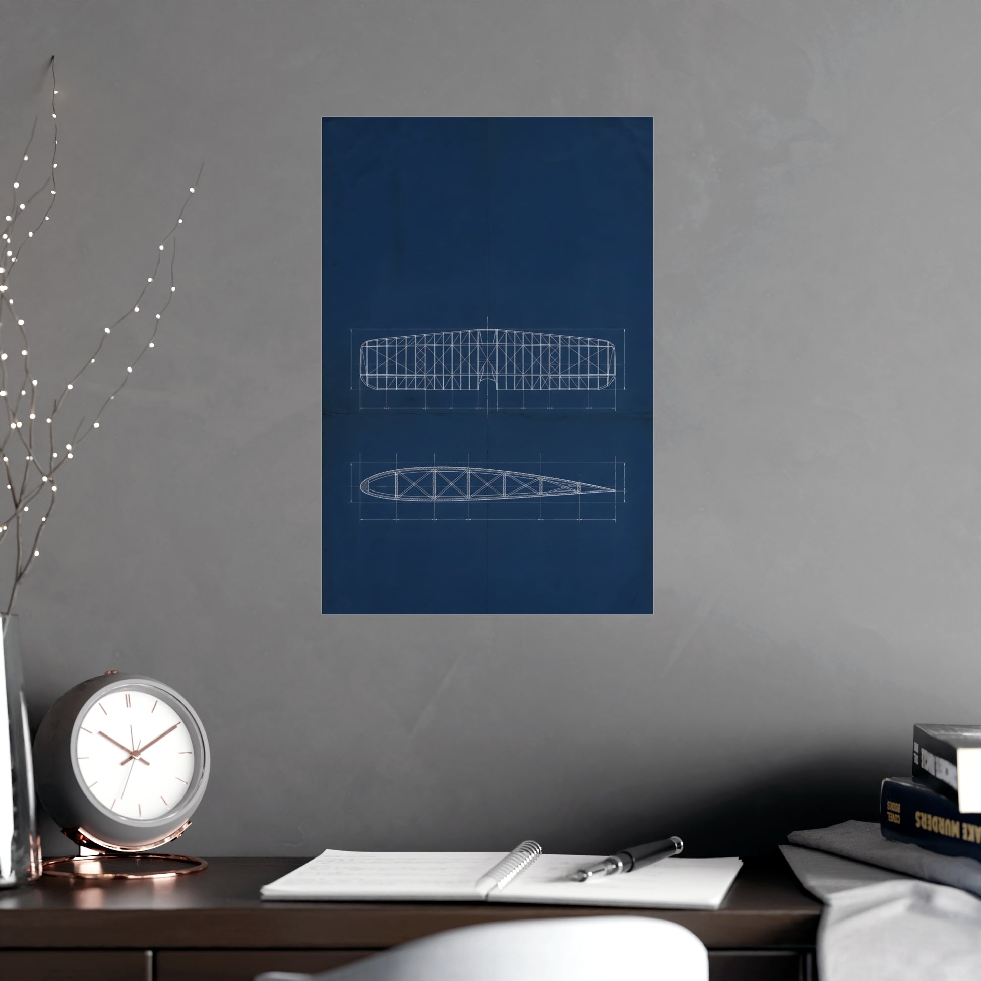 Aeroplane Wing hung above a desk with a clock and notebook, 12x18 in print