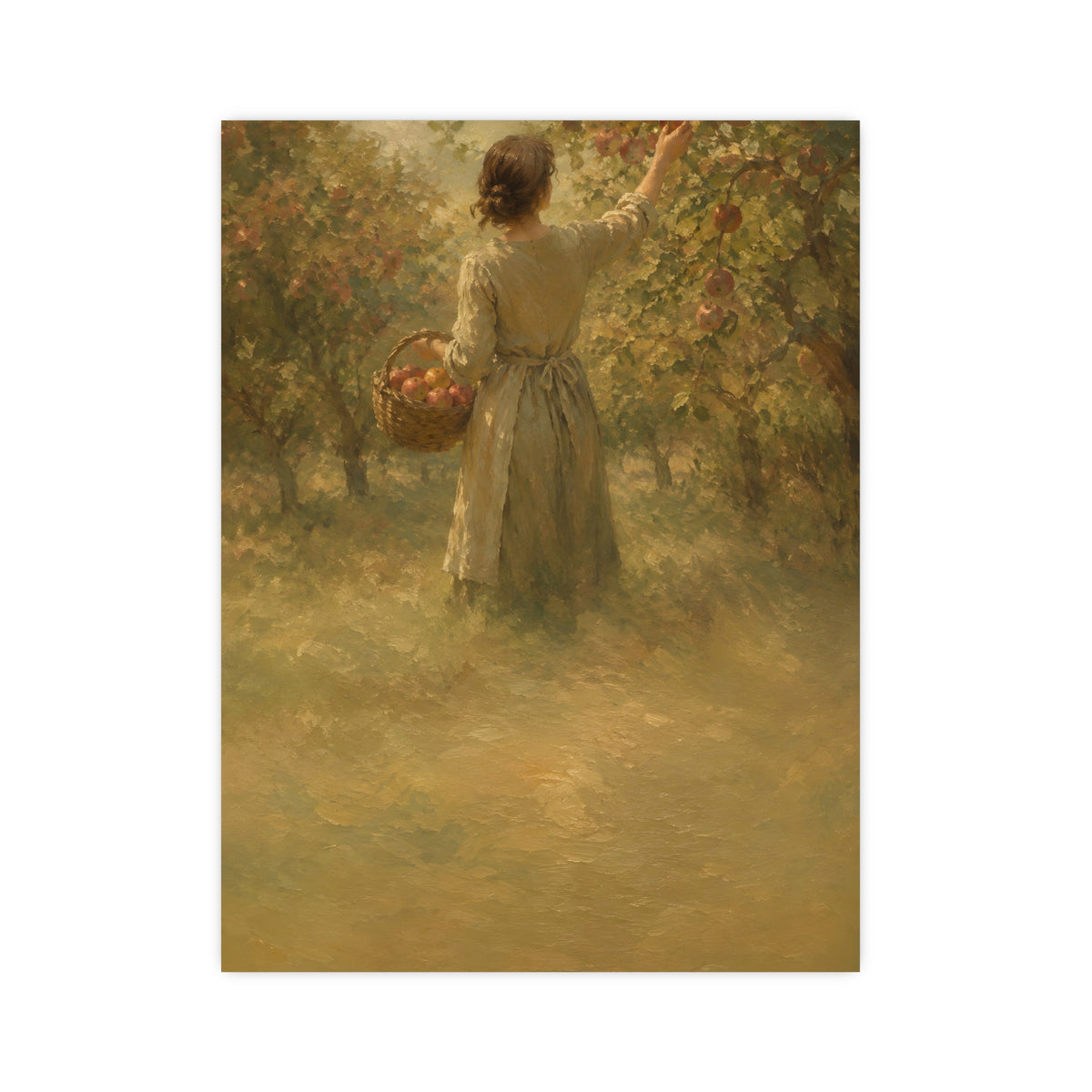 Picking Apples — a woman picking apples in an orchard in early autumn, seen from behind, 12x16 in print