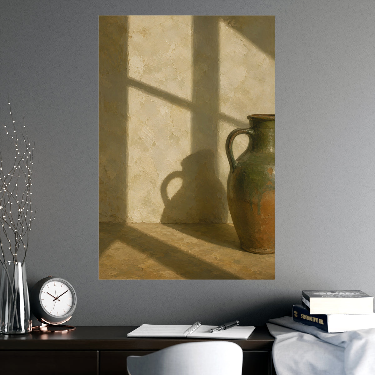 A Long Shadow on Plaster — a long shadow on plaster, shown framed on a wall