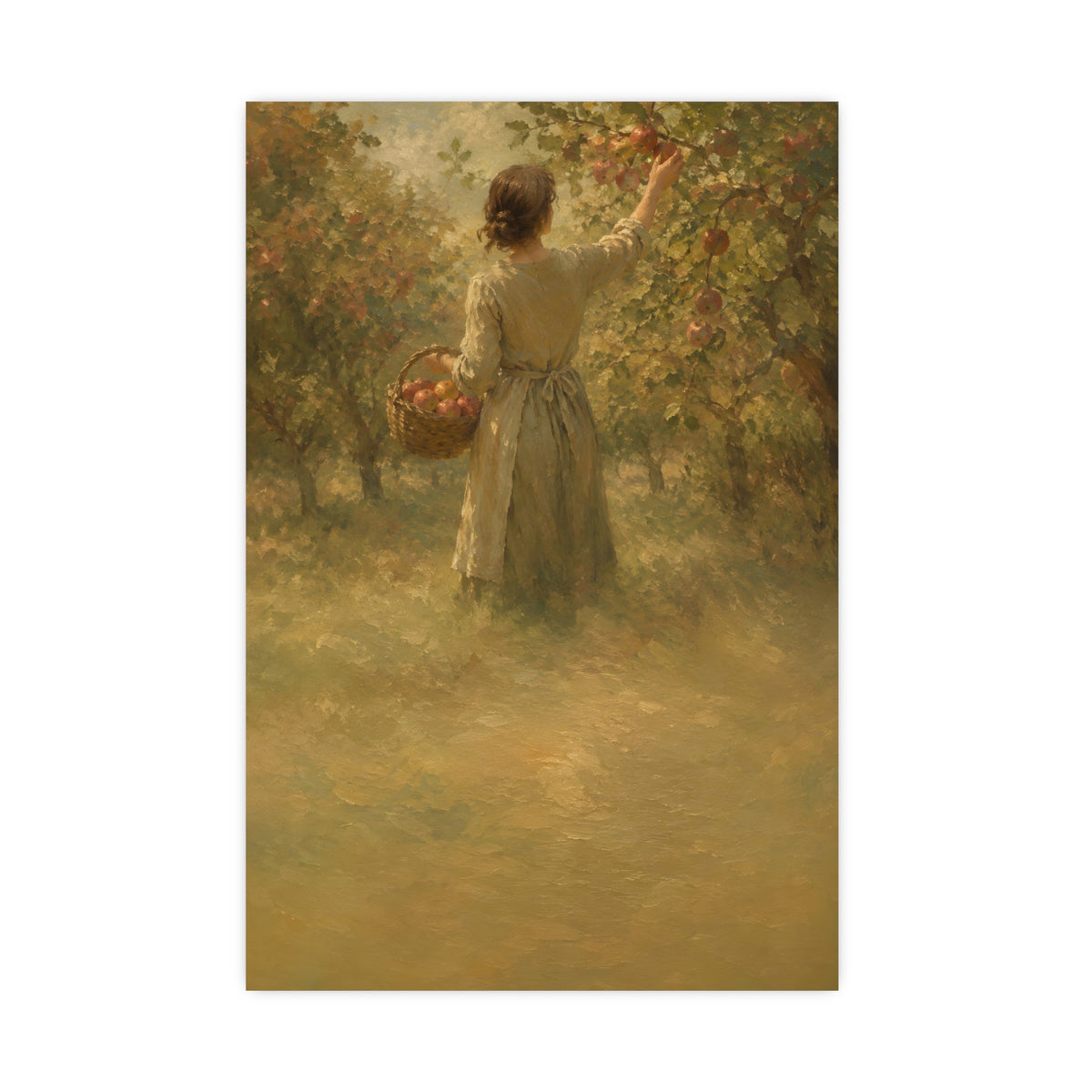 Picking Apples — a woman picking apples in an orchard in early autumn, seen from behind, 16x24 in print