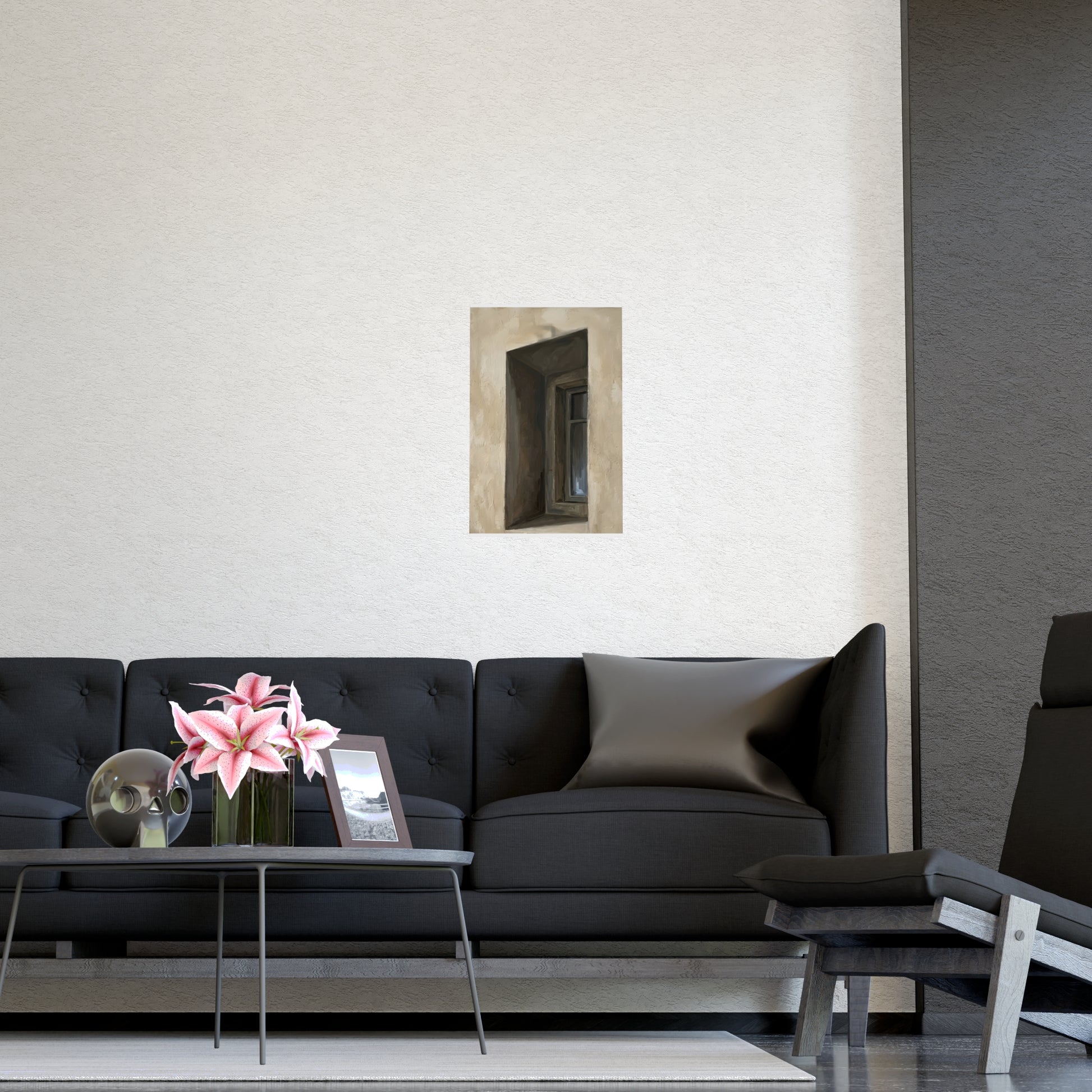 Window Recess hung above a sofa with a side table and lilies, 12x16 in print