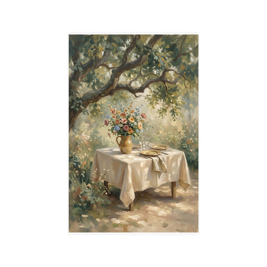 Table Under the Tree — a table under a tree with a linen cloth and a jug of wildflowers, 11x17 in print