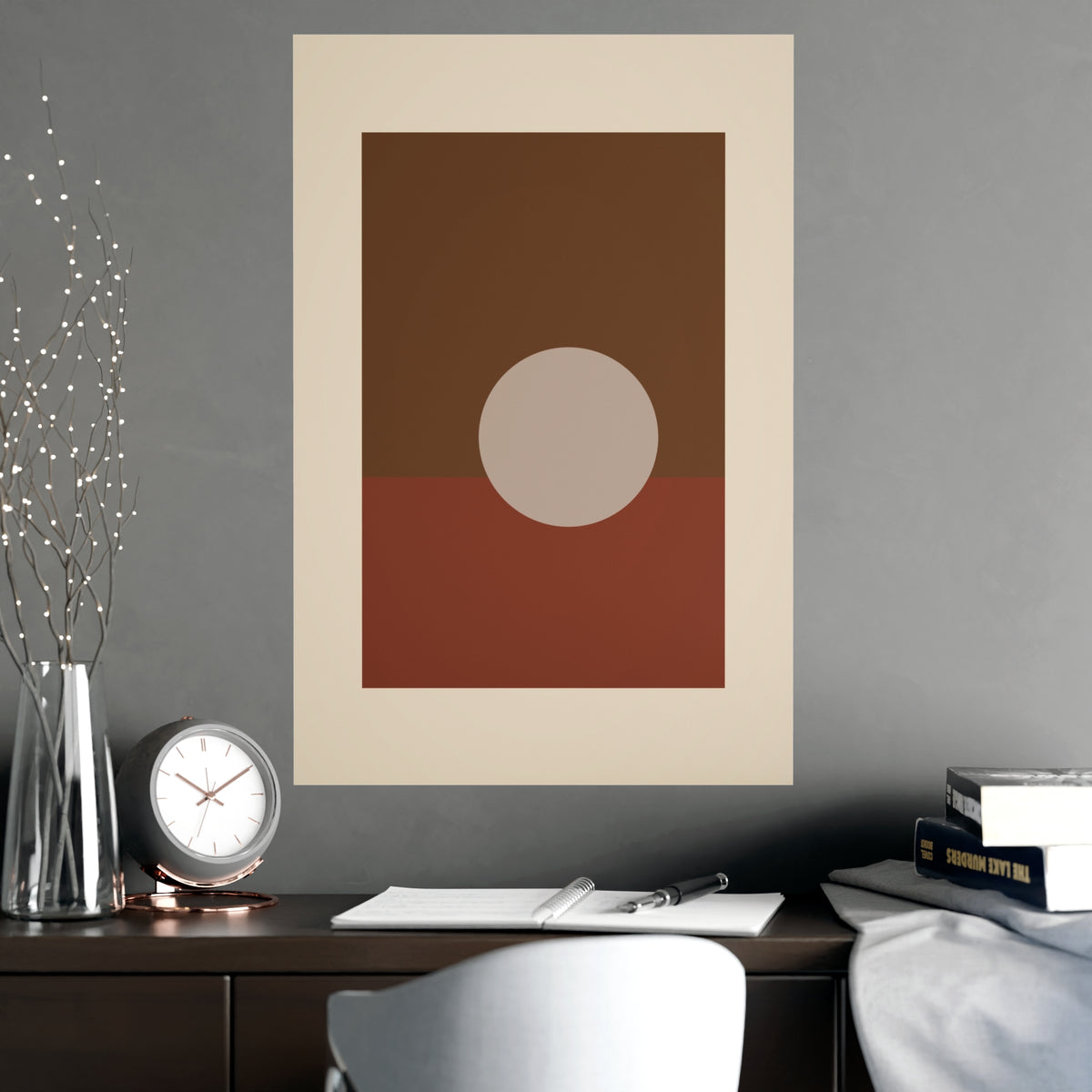 Muted 70s Sun Landscape Wall Art — sun landscape in a muted 70s palette, shown framed on a wall