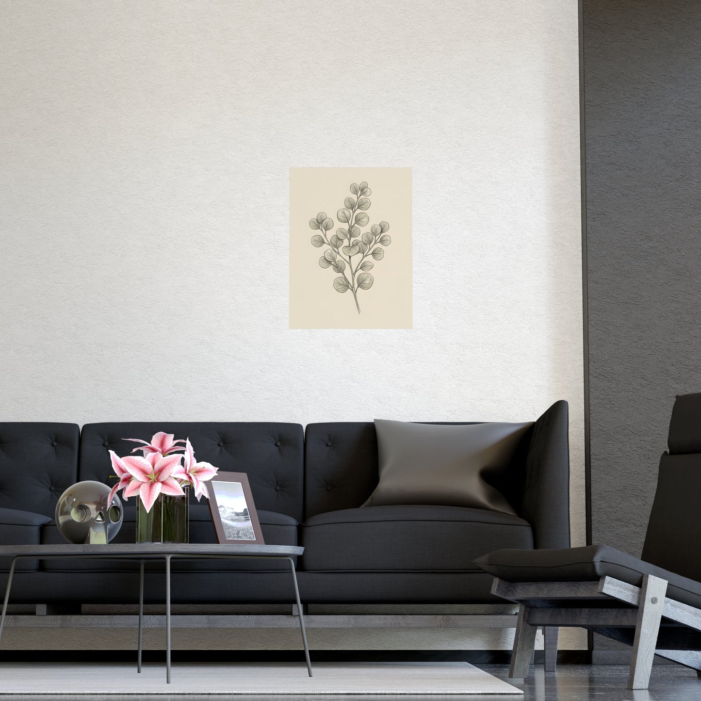 Eucalyptus on a living room wall beside a tall vase, 11x17 in print
