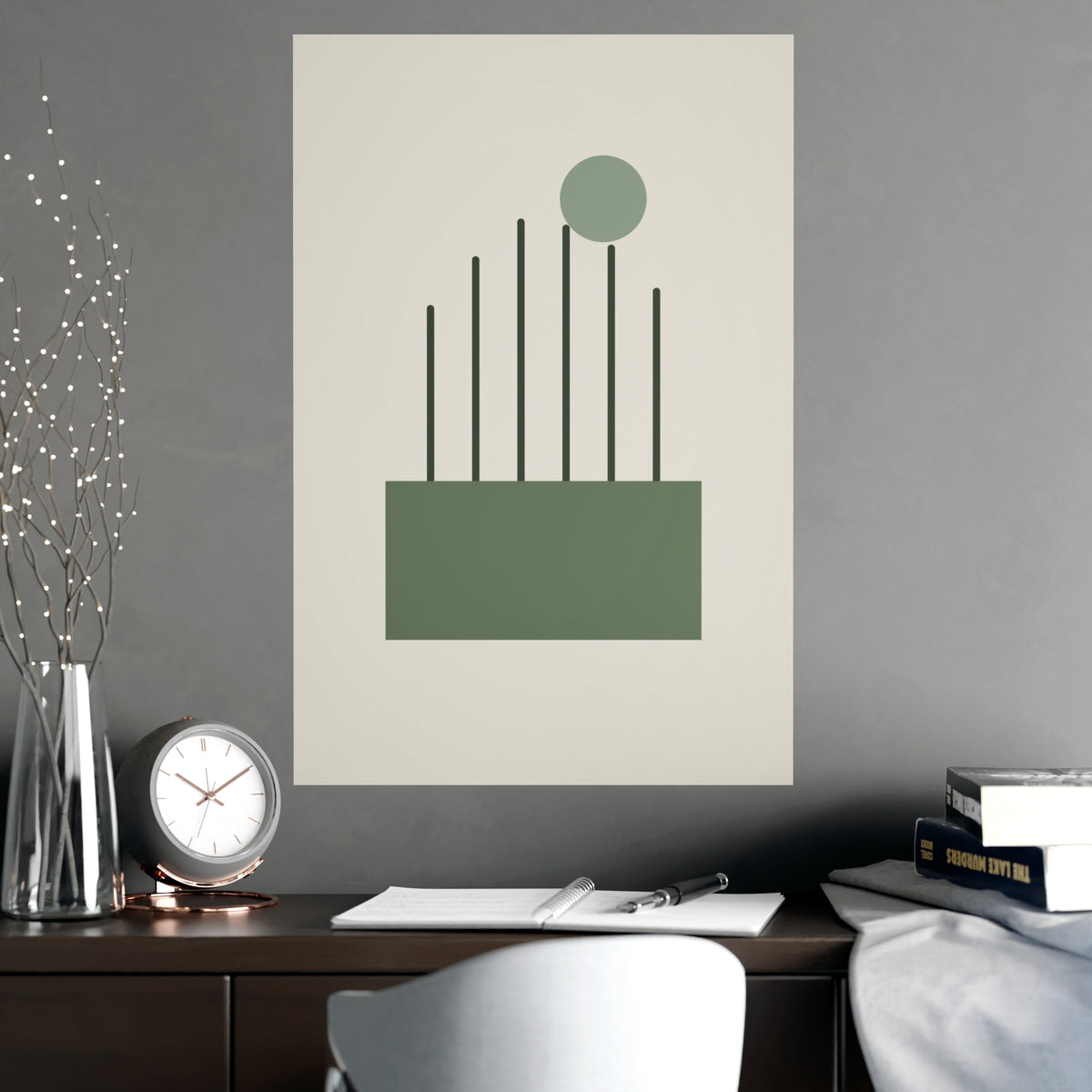 Sage Neutral Lines Boho Wall Art — lines in a sage neutral palette, shown framed on a wall