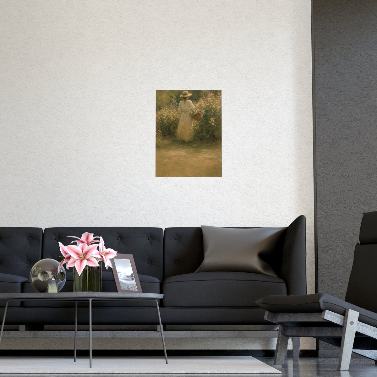 Gathering Flowers — a woman in a straw hat gathering flowers into a wicker basket, shown framed on a wall