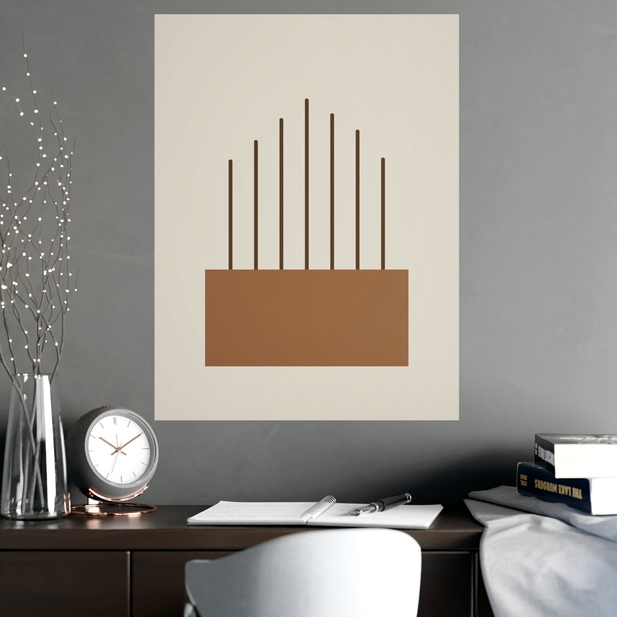 Warm Earth Lines Boho Wall Art — lines in a warm earth palette, shown framed on a wall