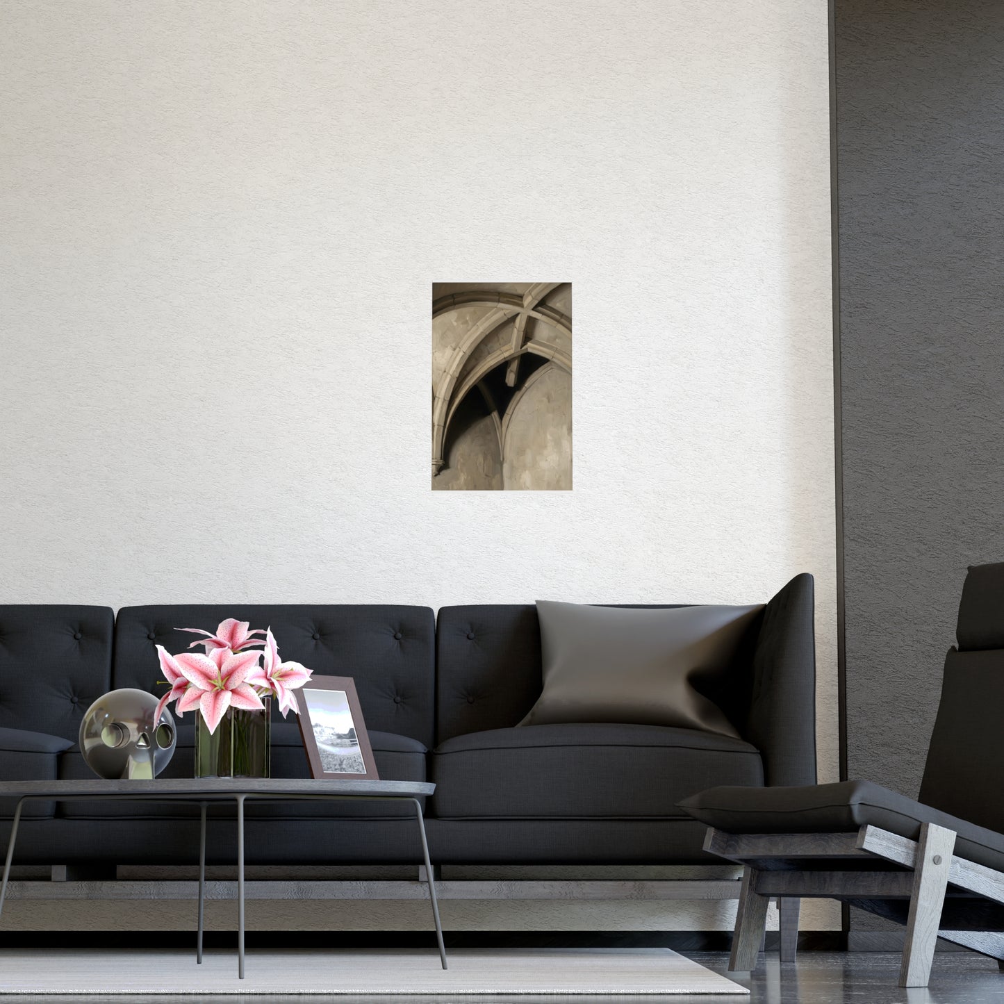 Vaulted Ceiling hung above a desk with a clock and notebook, 12x16 in print