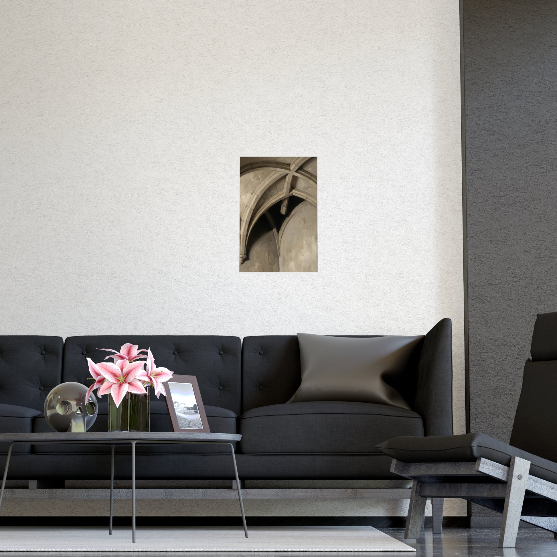 Vaulted Ceiling hung above a desk with a clock and notebook, 12x16 in print