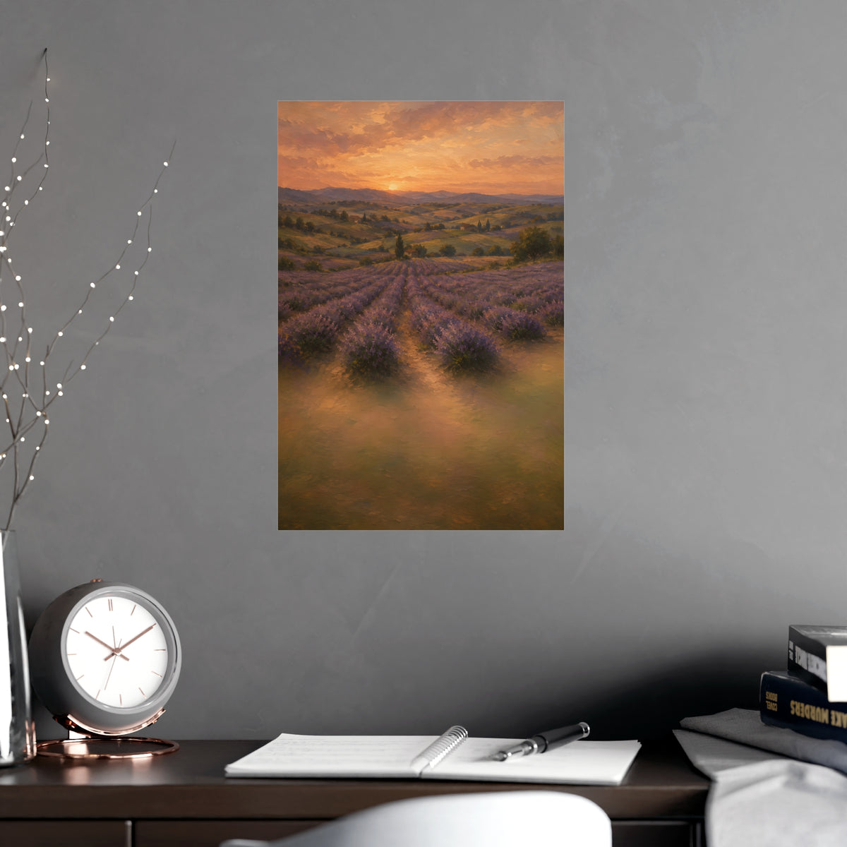 Lavender Fields at Dusk — lavender rows receding into soft hills at dusk, shown framed on a wall
