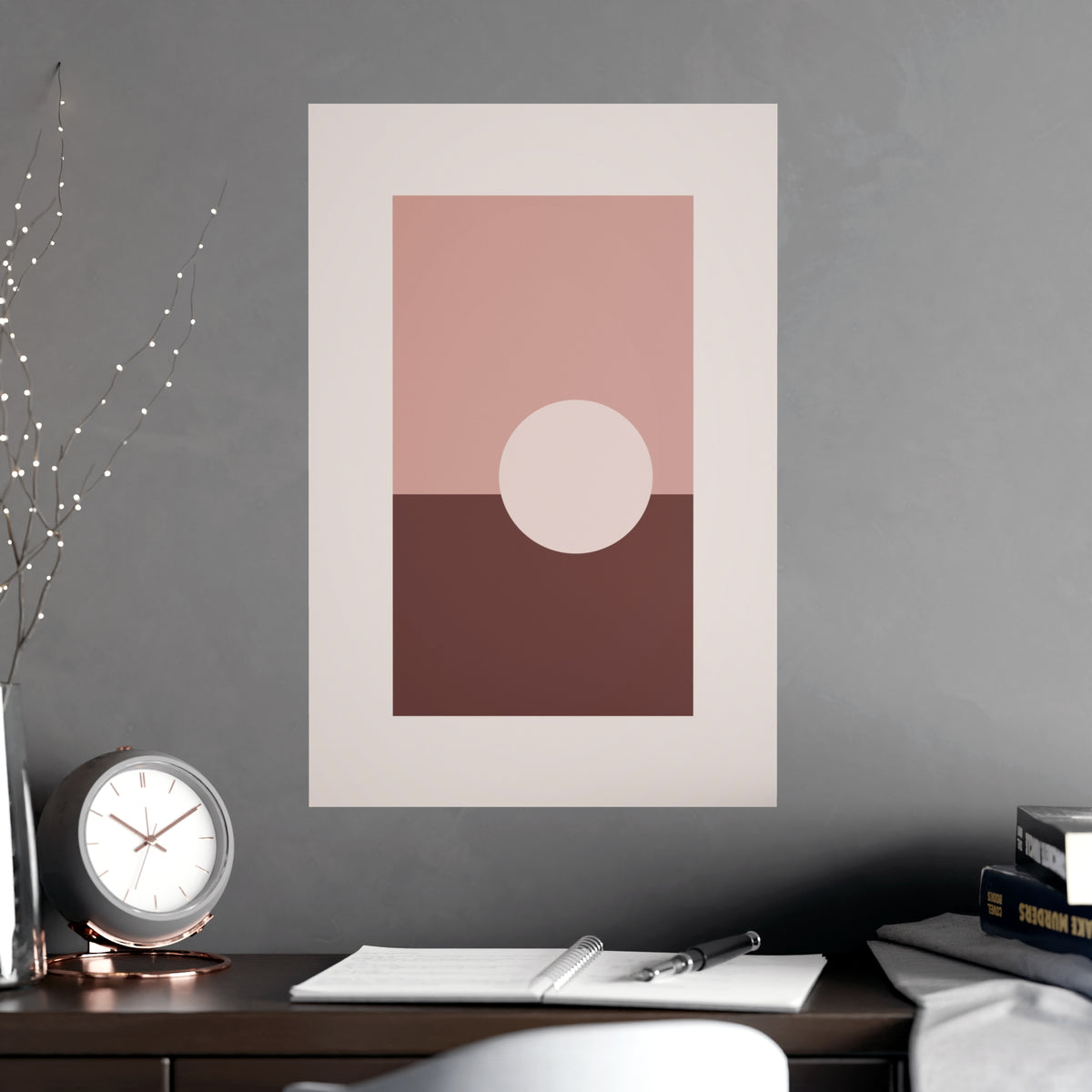 Dusty Rose Sun Landscape Wall Art — sun landscape in a dusty rose palette, shown framed on a wall