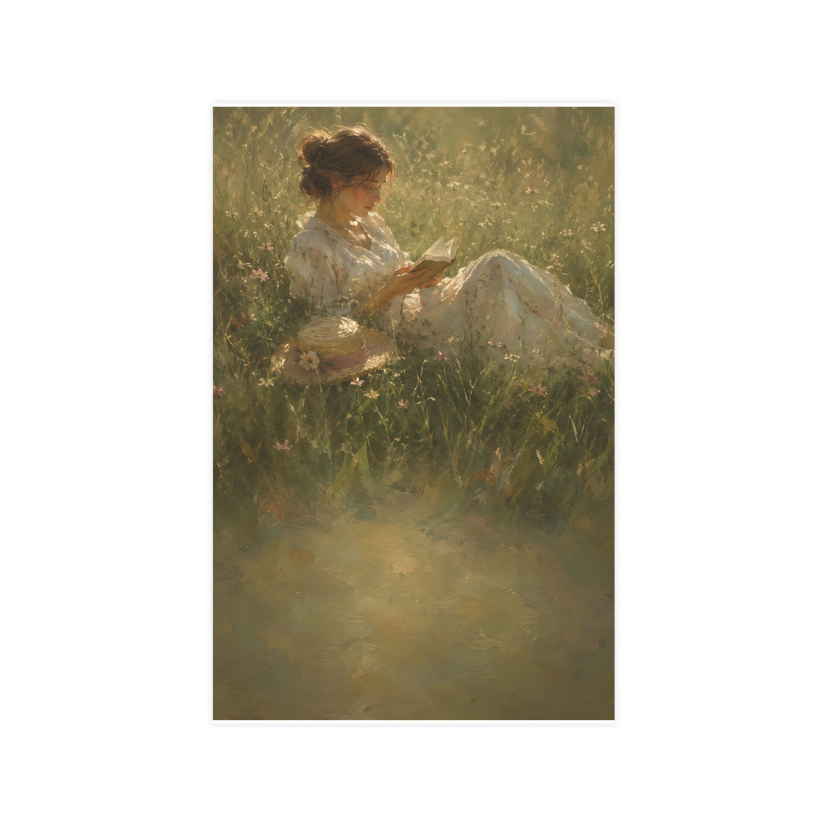 Reading in Tall Grass — a woman reading in tall summer grass, straw hat beside her, 11x17 in print