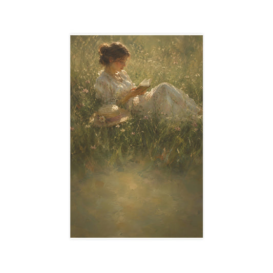 Reading in Tall Grass — a woman reading in tall summer grass, straw hat beside her, 11x17 in print