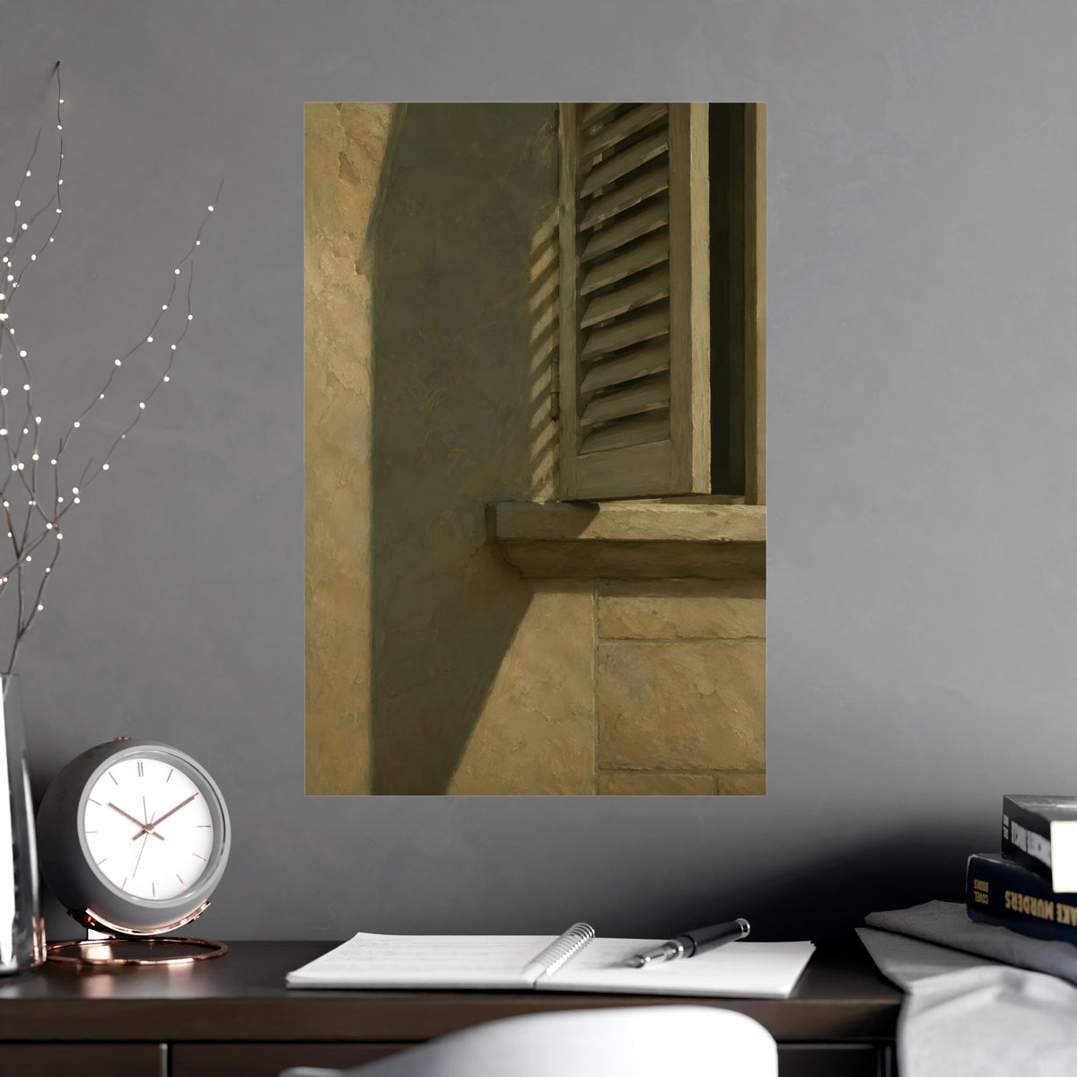 Shutters, Half Closed — shutters, half closed, shown framed on a wall
