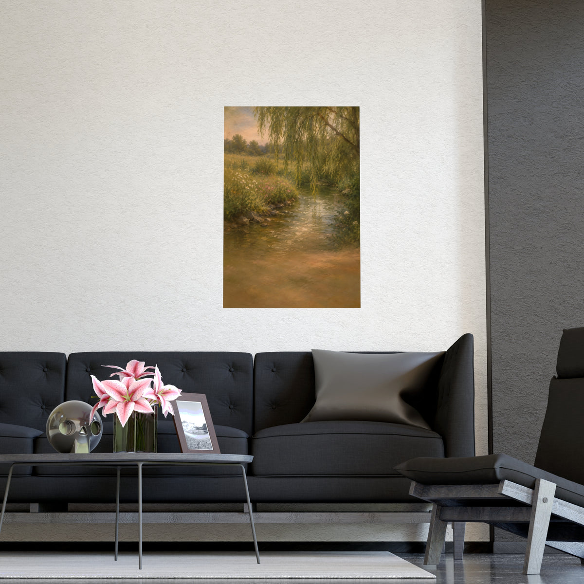 Willow Stream — a shallow stream winding through a meadow with willow branches trailing over the water, shown framed on a wal
