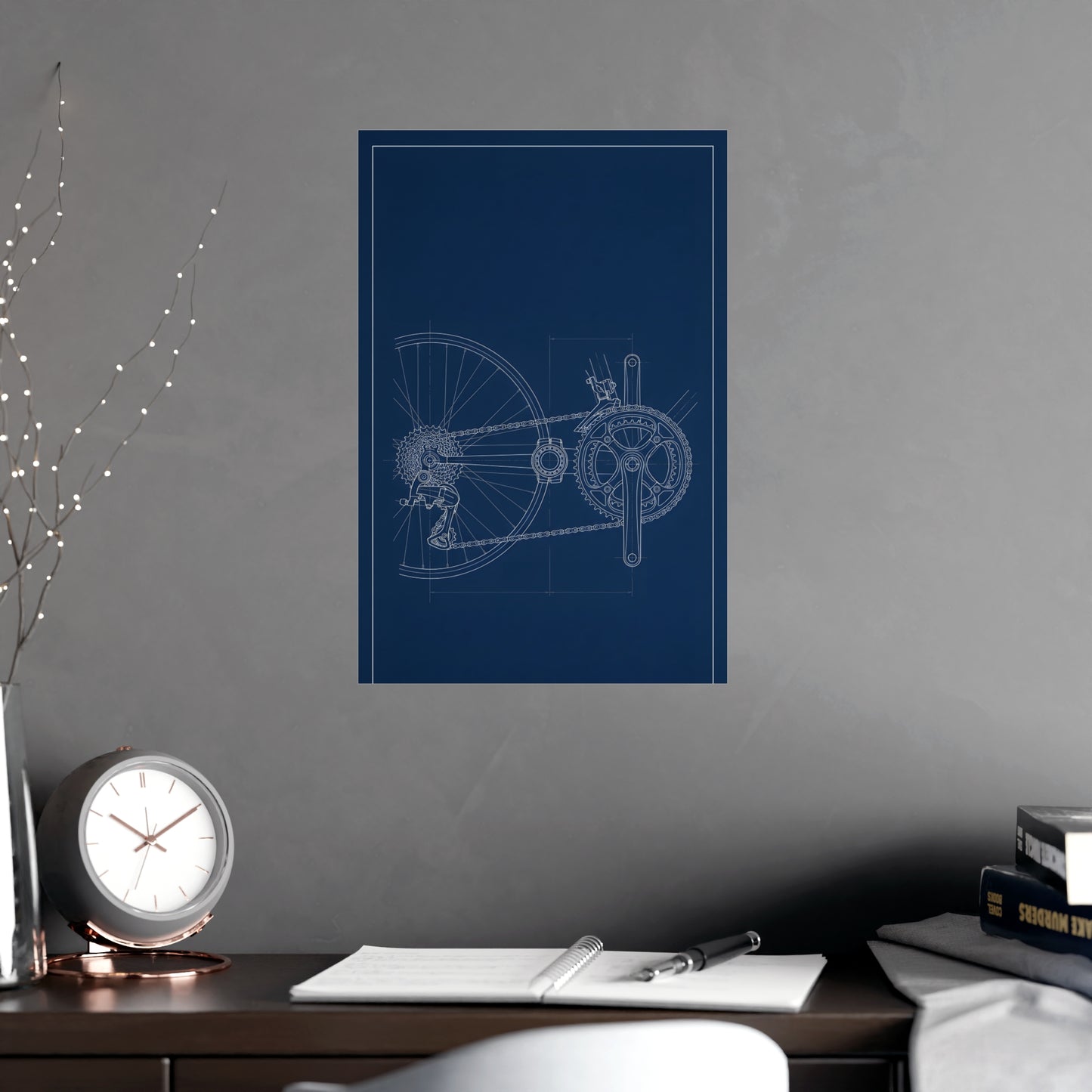 Drivetrain hung on a grey wall above a dark sofa, 12x18 in print