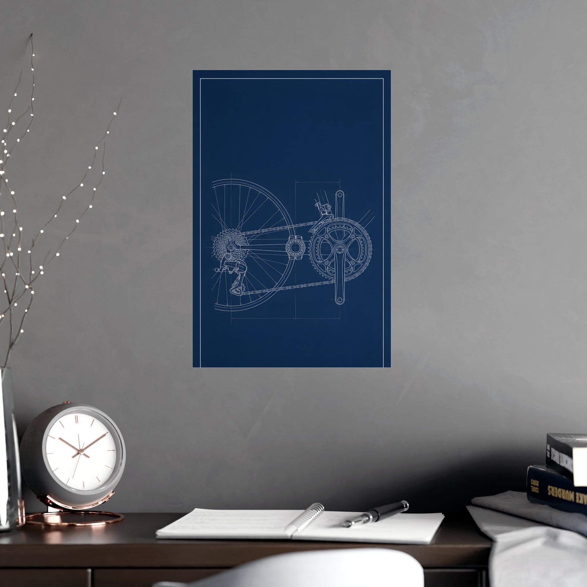 Drivetrain hung on a grey wall above a dark sofa, 12x18 in print