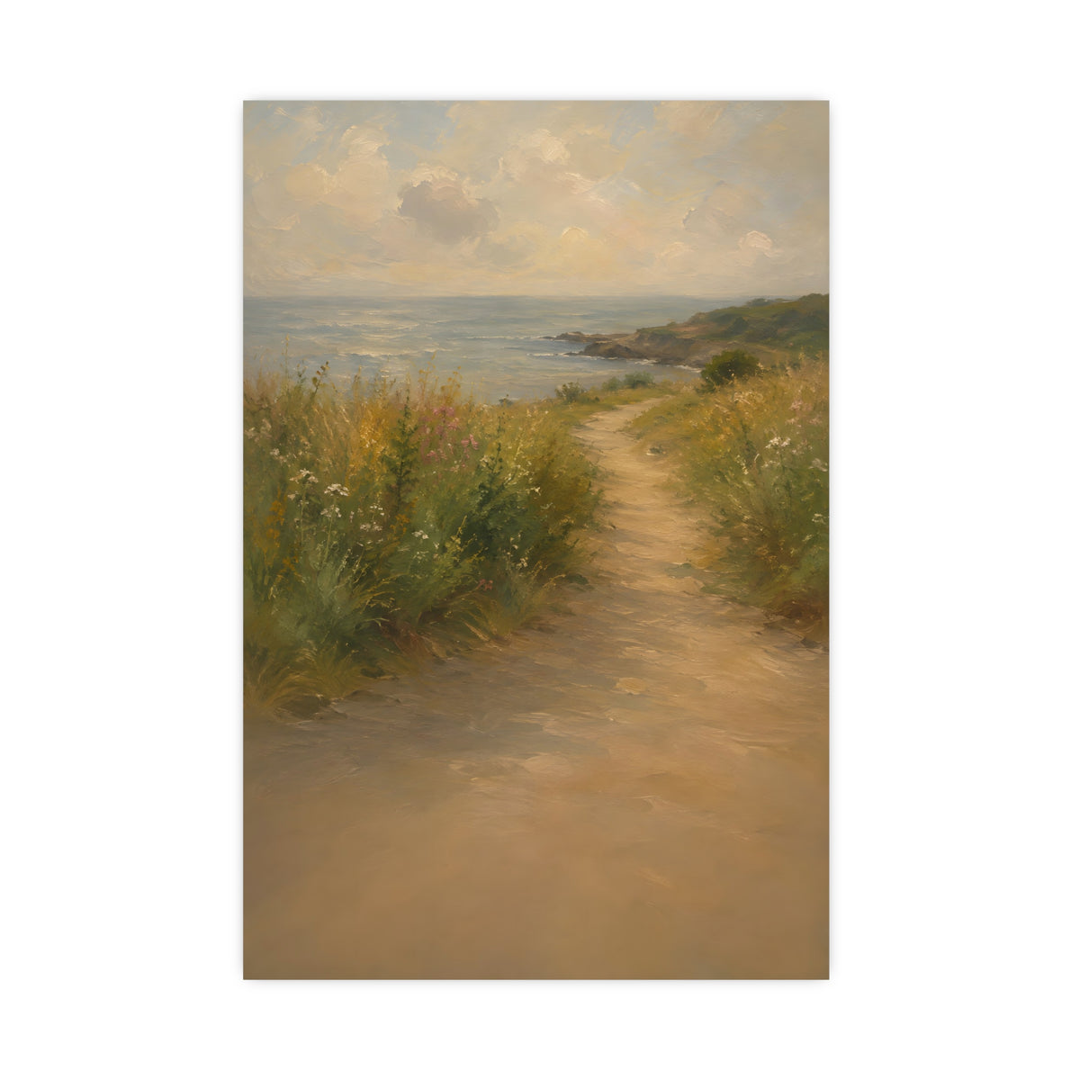 Coast Path — a sandy path through wild grasses and sea pinks with a calm sea beyond, 16x24 in print