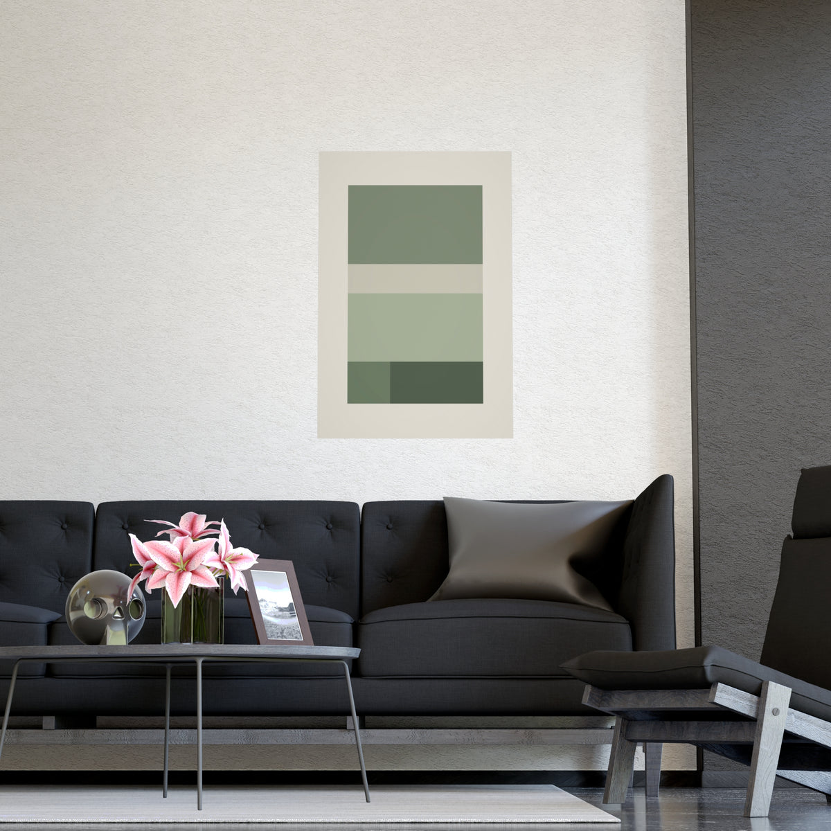 Sage Neutral Blocks Boho Wall Art — blocks in a sage neutral palette, shown framed on a wall