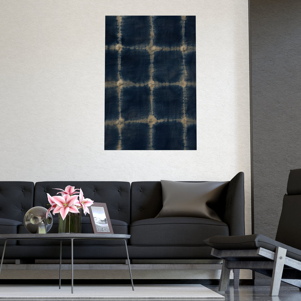Indigo, Tied — indigo, tied, shown framed on a wall