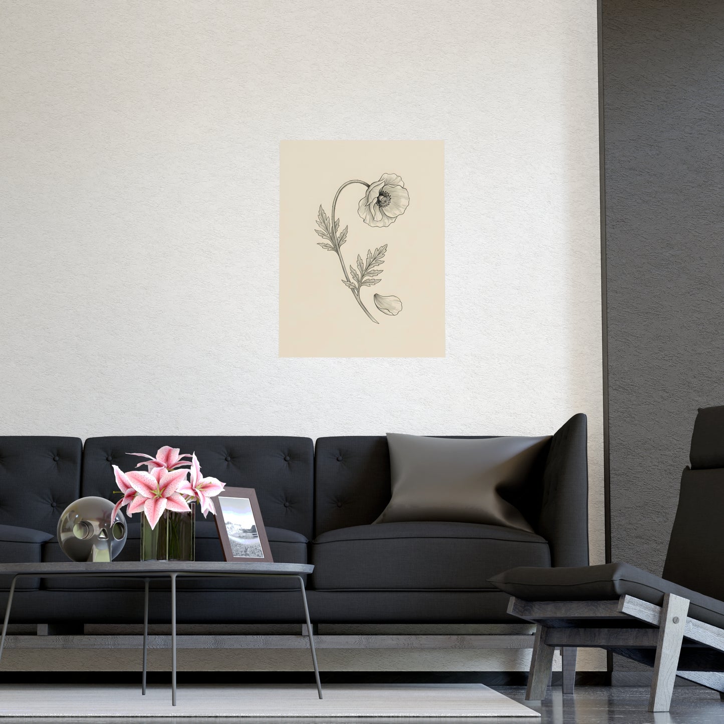 Wild Poppy on a living room wall beside a tall vase, 20x30 in print